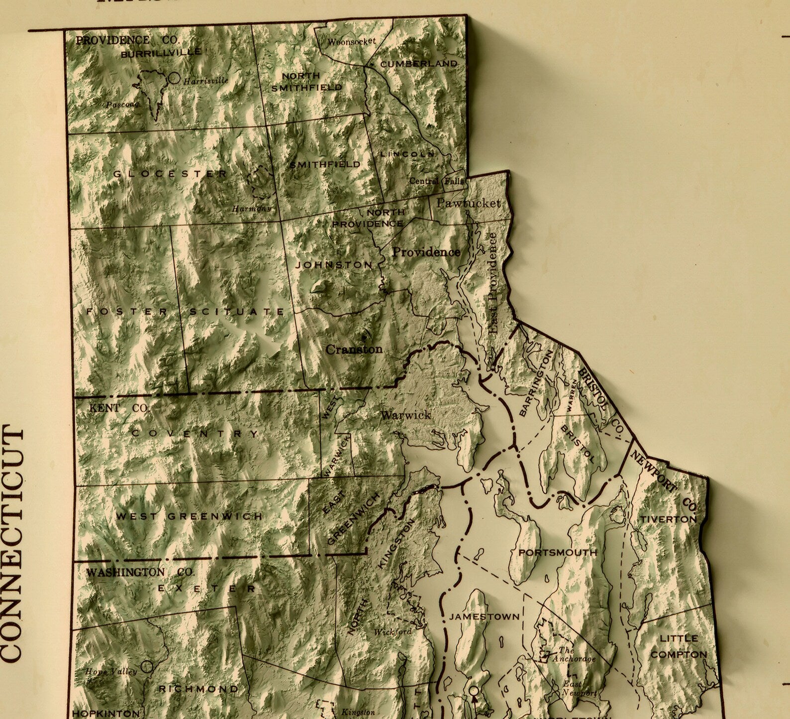 Detailed close-up of a vintage Rhode Island (USA) relief map, showcasing textured topography and geographic contours