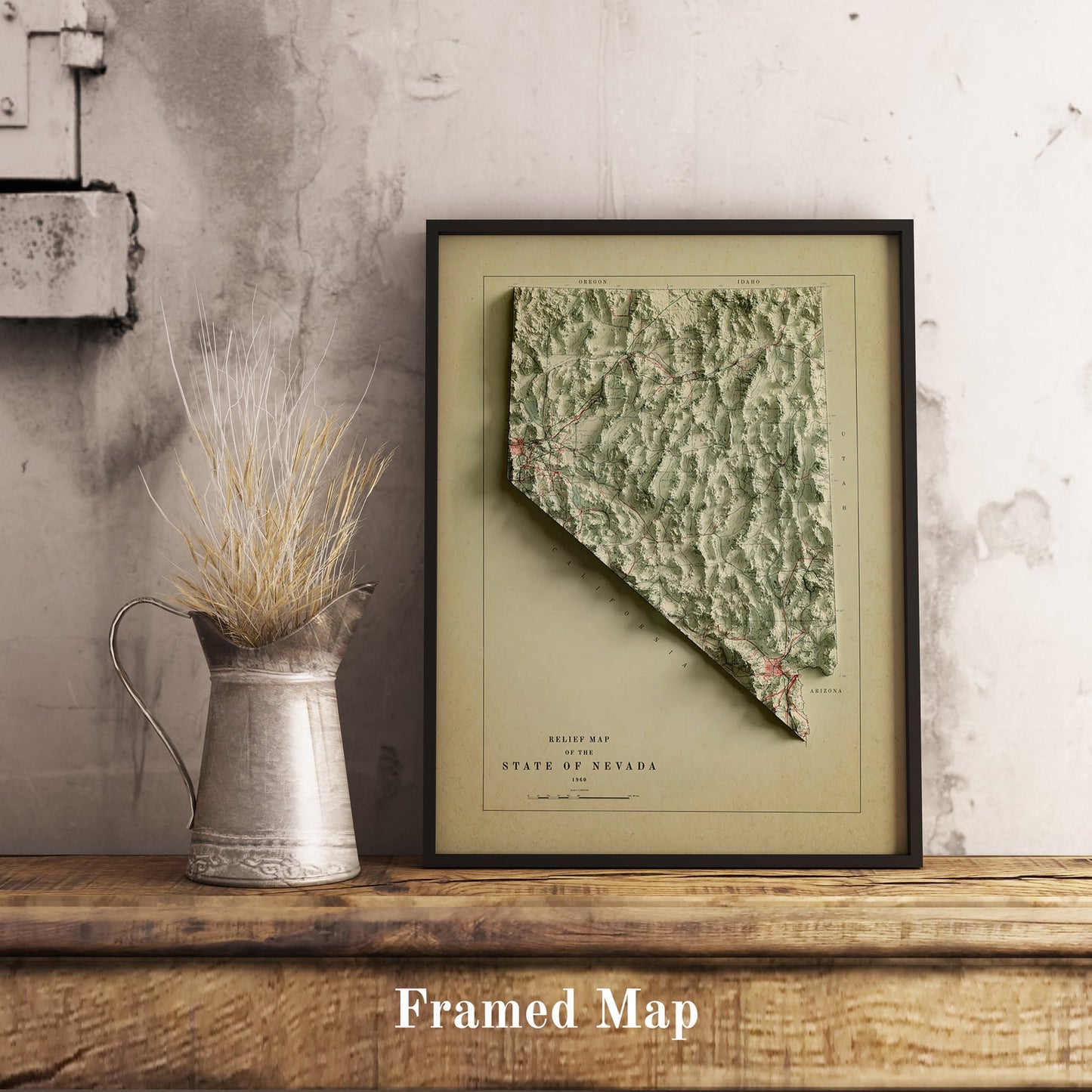 Vintage Nevada (USA) shaded relief map in black frame. Realistic terrain art print for home decor, displayed on rustic wooden table