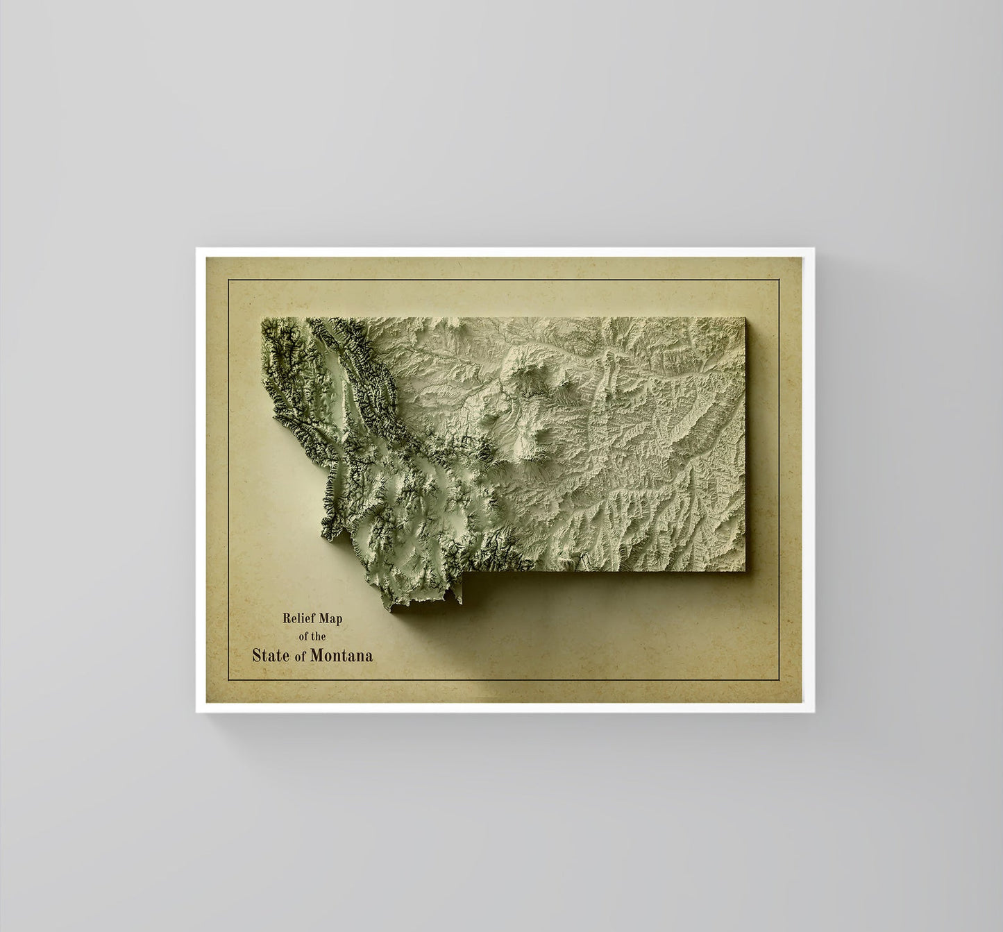 Montana (USA) vintage framed shaded relief map in white frame. Artistic print highlighting mountains with a realistic 3d effect