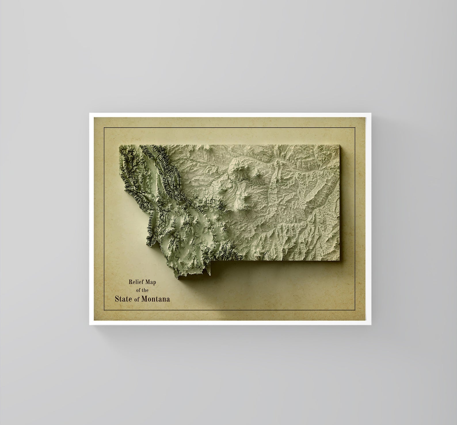 Montana (USA) vintage framed shaded relief map in white frame. Artistic print highlighting mountains with a realistic 3d effect