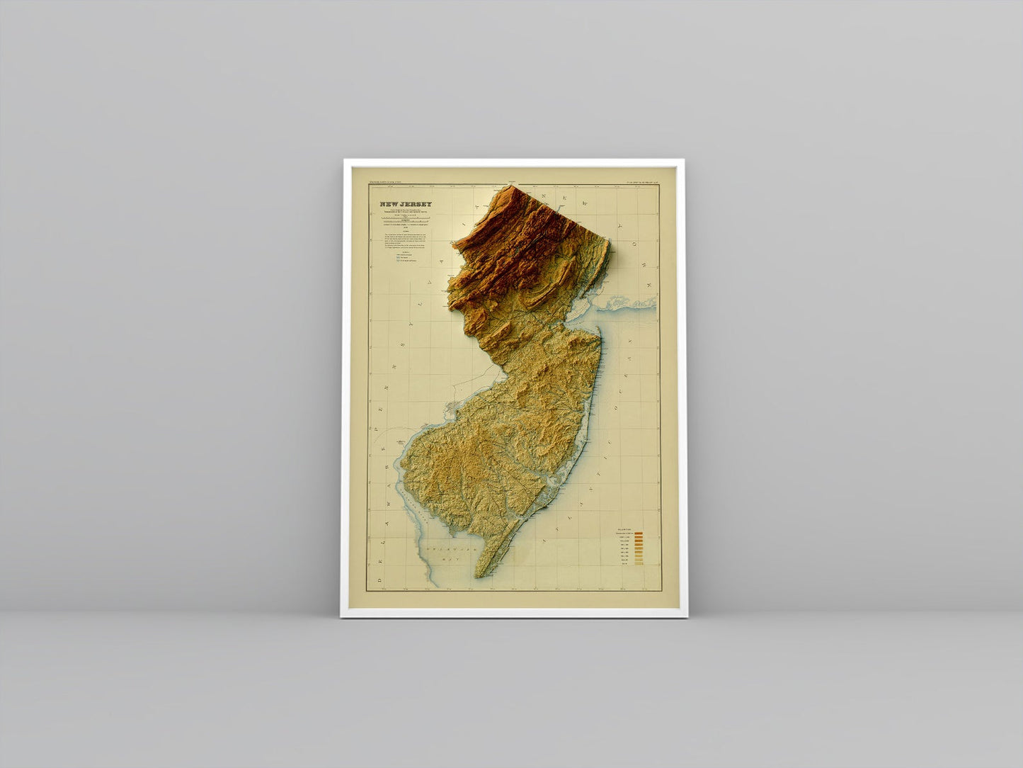 New Jersey (USA) vintage framed shaded relief map in white frame. Artistic print highlighting mountains with a realistic 3d effect