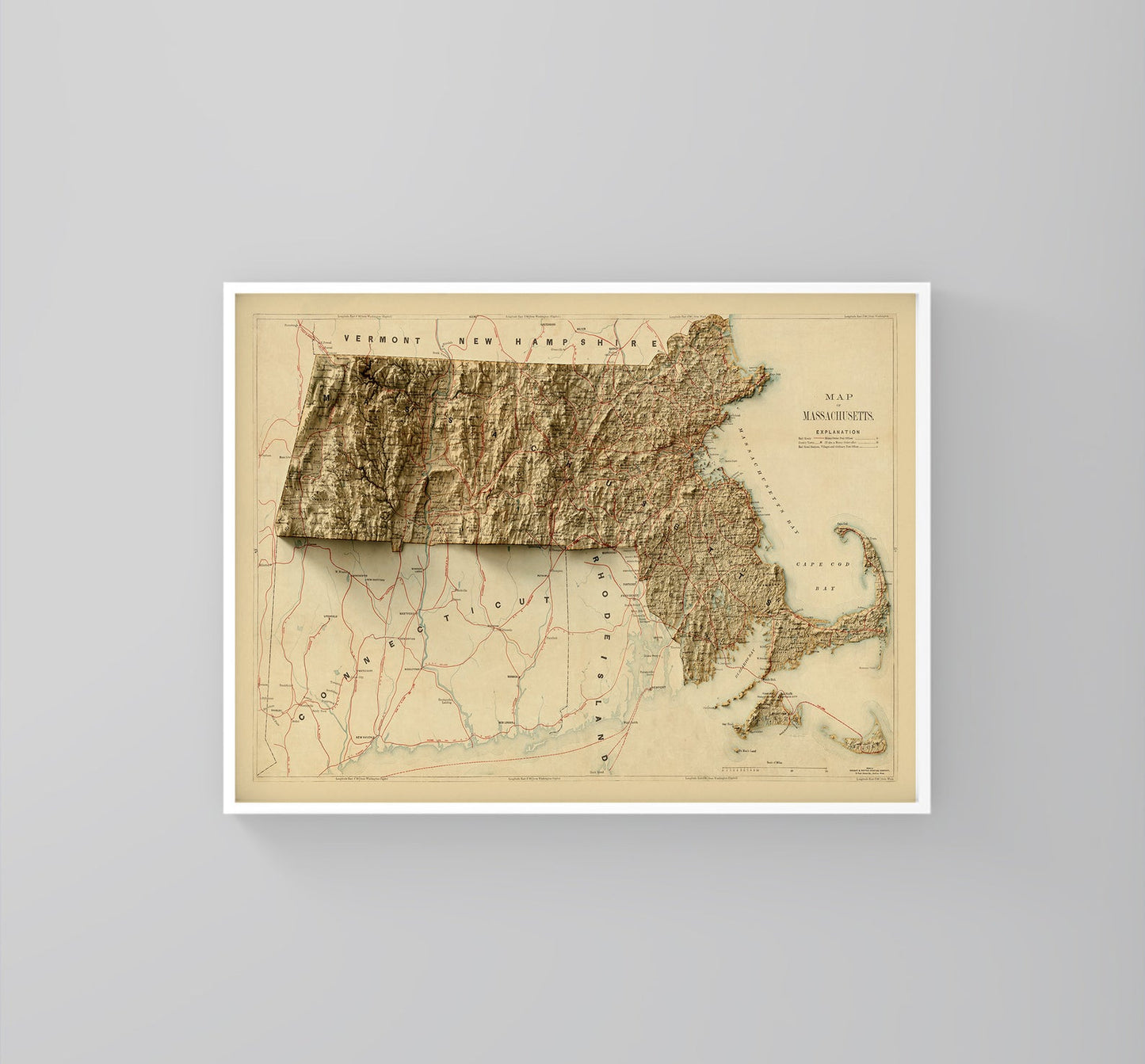 Massachusetts (USA) vintage framed shaded relief map in white frame. Artistic print highlighting mountains with a realistic 3d effect