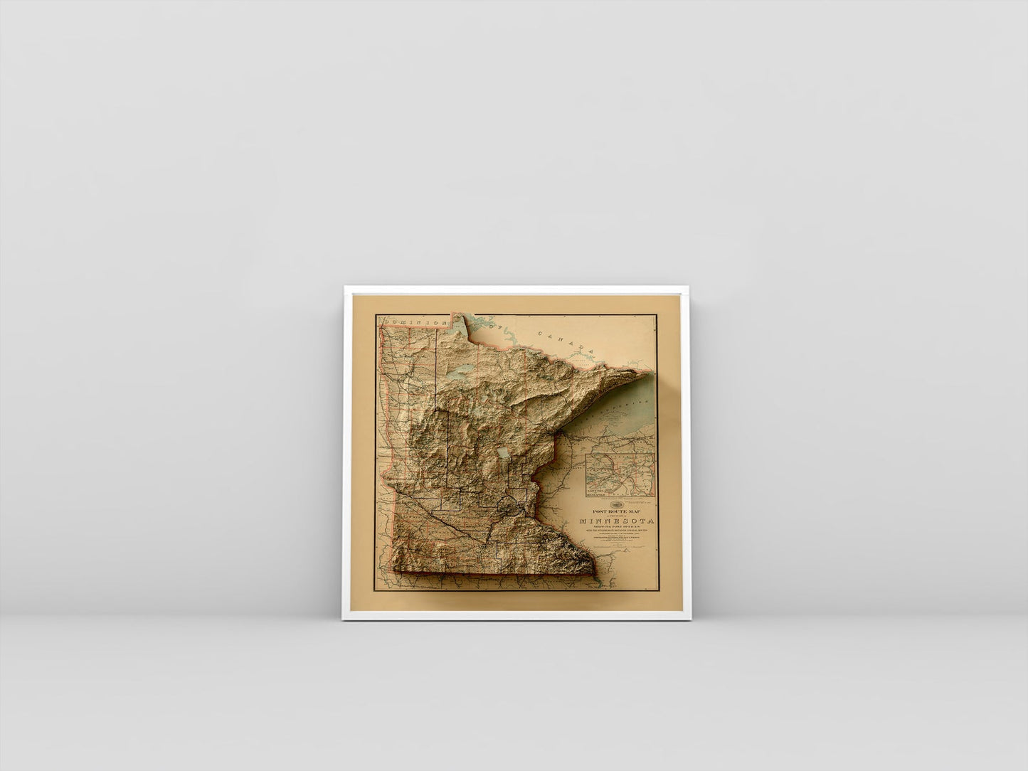 Minnesota (USA) vintage framed shaded relief map in white frame. Artistic print highlighting mountains with a realistic 3d effect