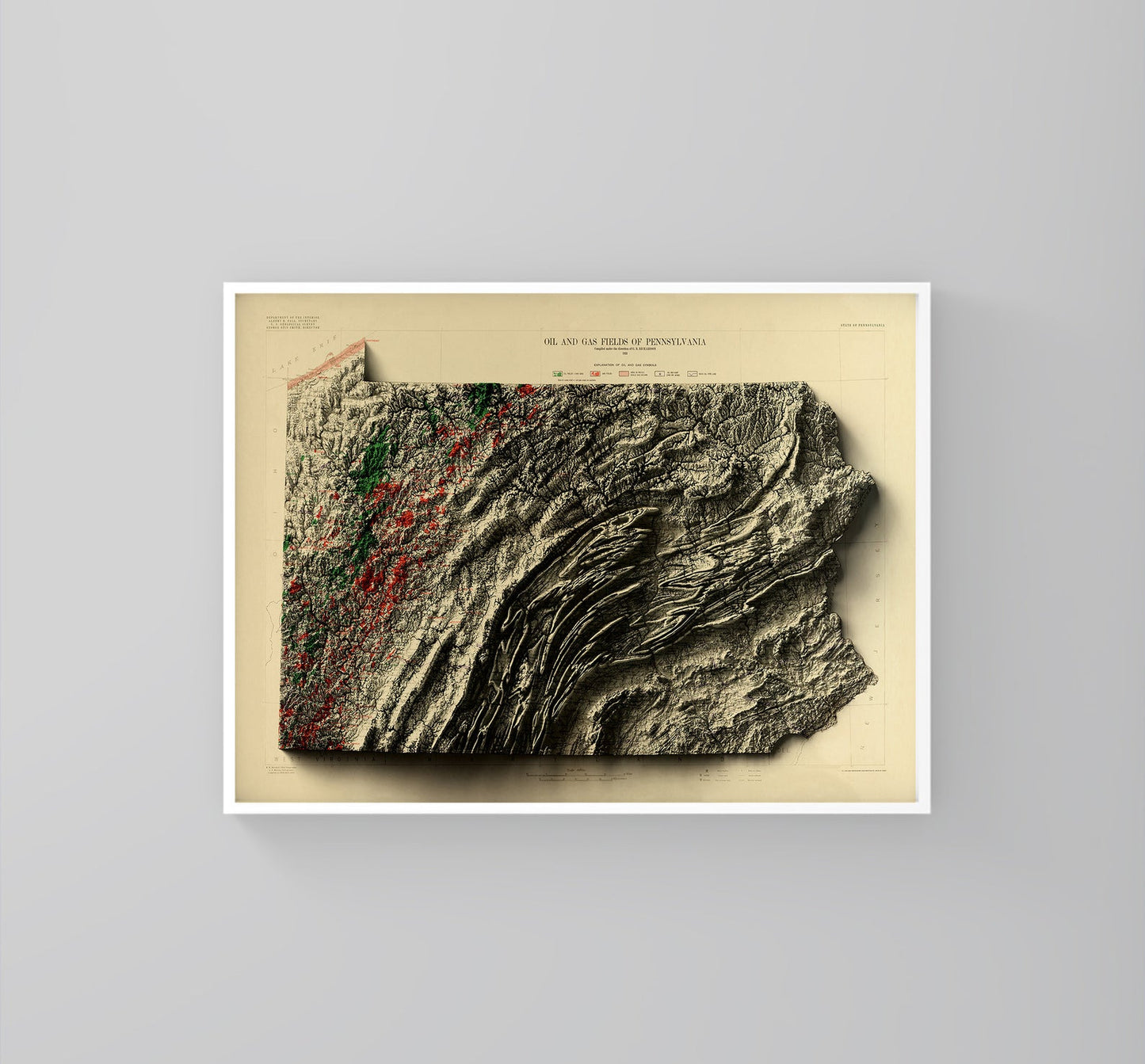 Pennsylvania (USA) vintage framed shaded relief map in white frame. Artistic print highlighting mountains with a realistic 3d effect