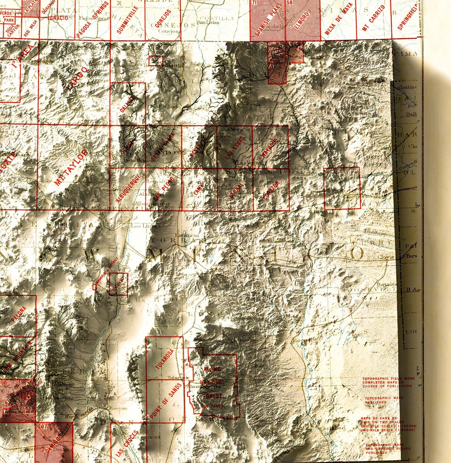 Detailed close-up of a vintage New Mexico (USA) relief map, showcasing textured topography and geographic contours
