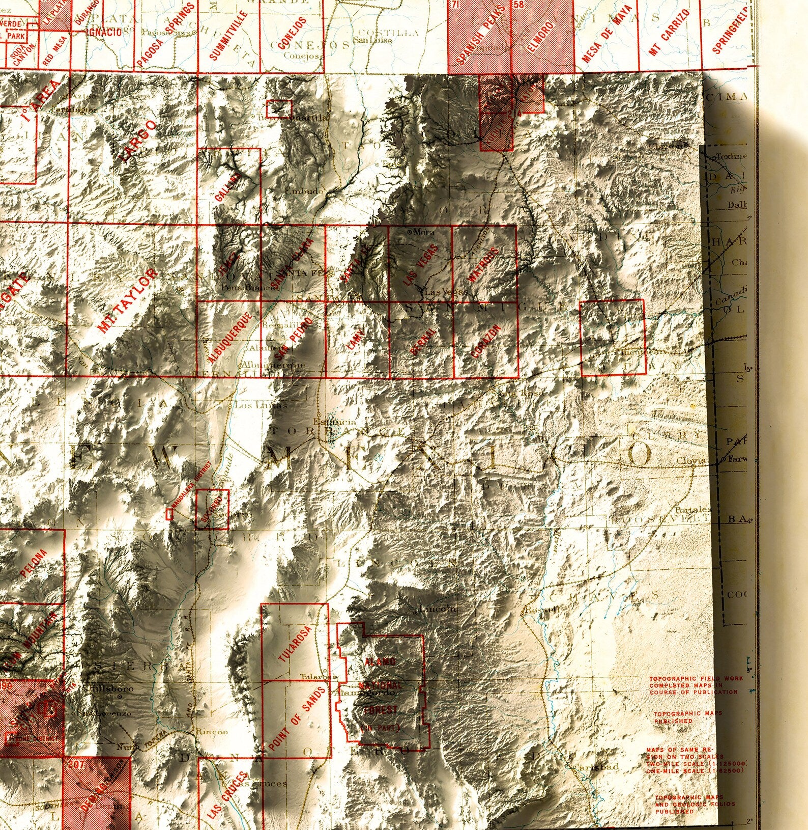 Detailed close-up of a vintage New Mexico (USA) relief map, showcasing textured topography and geographic contours