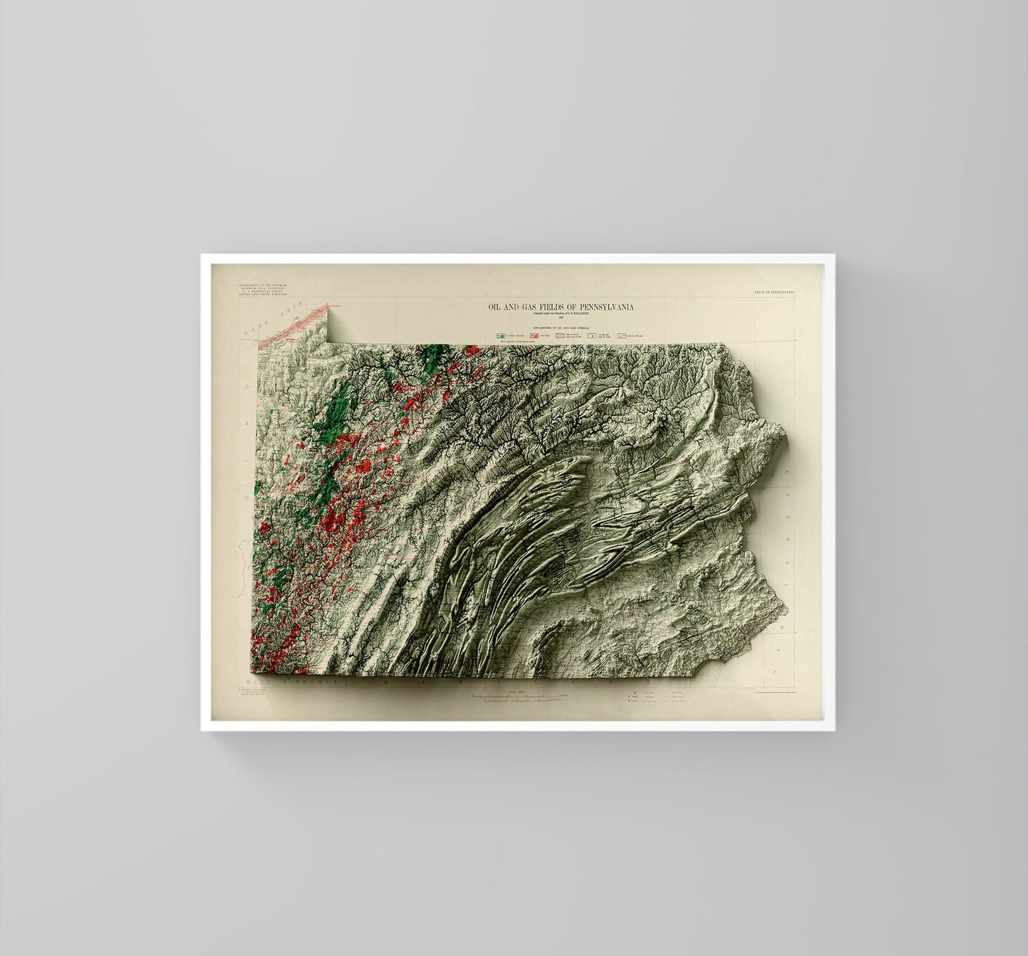 Pennsylvania (USA) vintage framed shaded relief map in white frame. Artistic print highlighting mountains with a realistic 3d effect