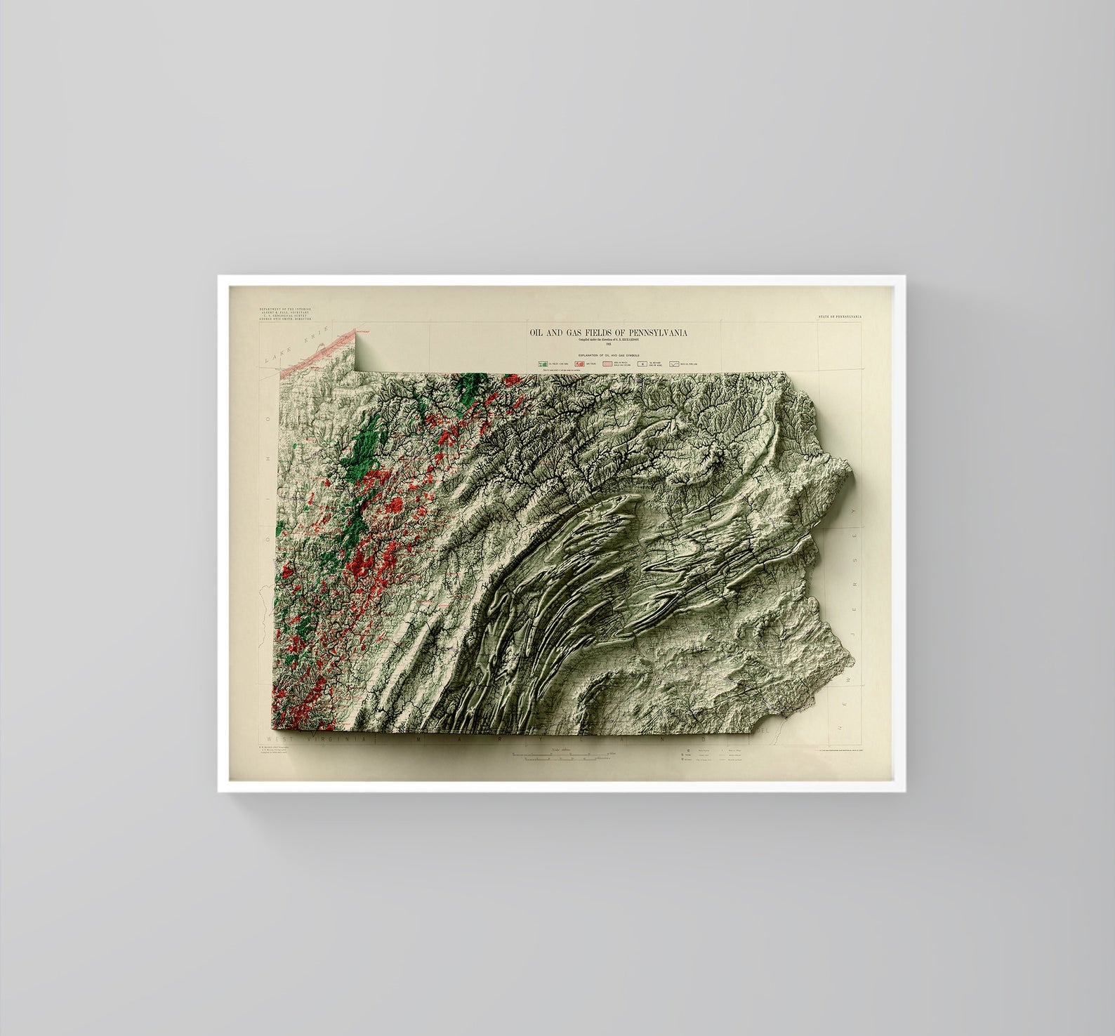 Pennsylvania (USA) vintage framed shaded relief map in white frame. Artistic print highlighting mountains with a realistic 3d effect