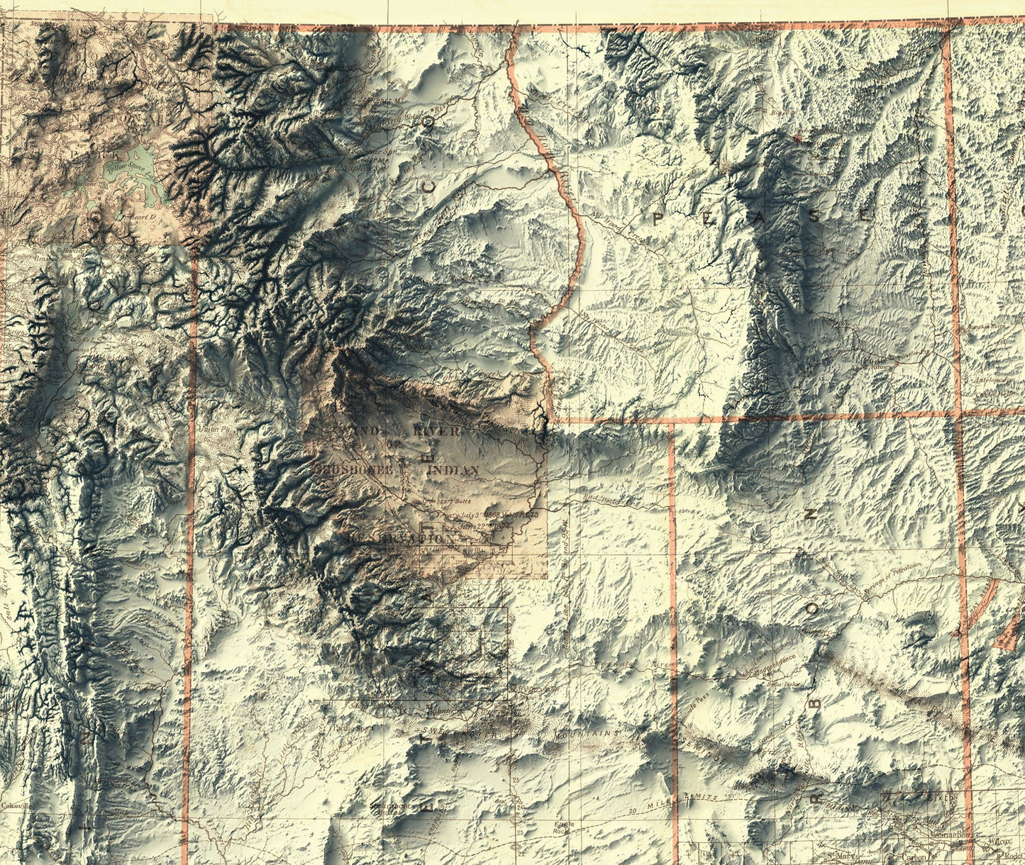 Detailed close-up of a vintage Wyoming (USA) relief map, showcasing textured topography and geographic contours