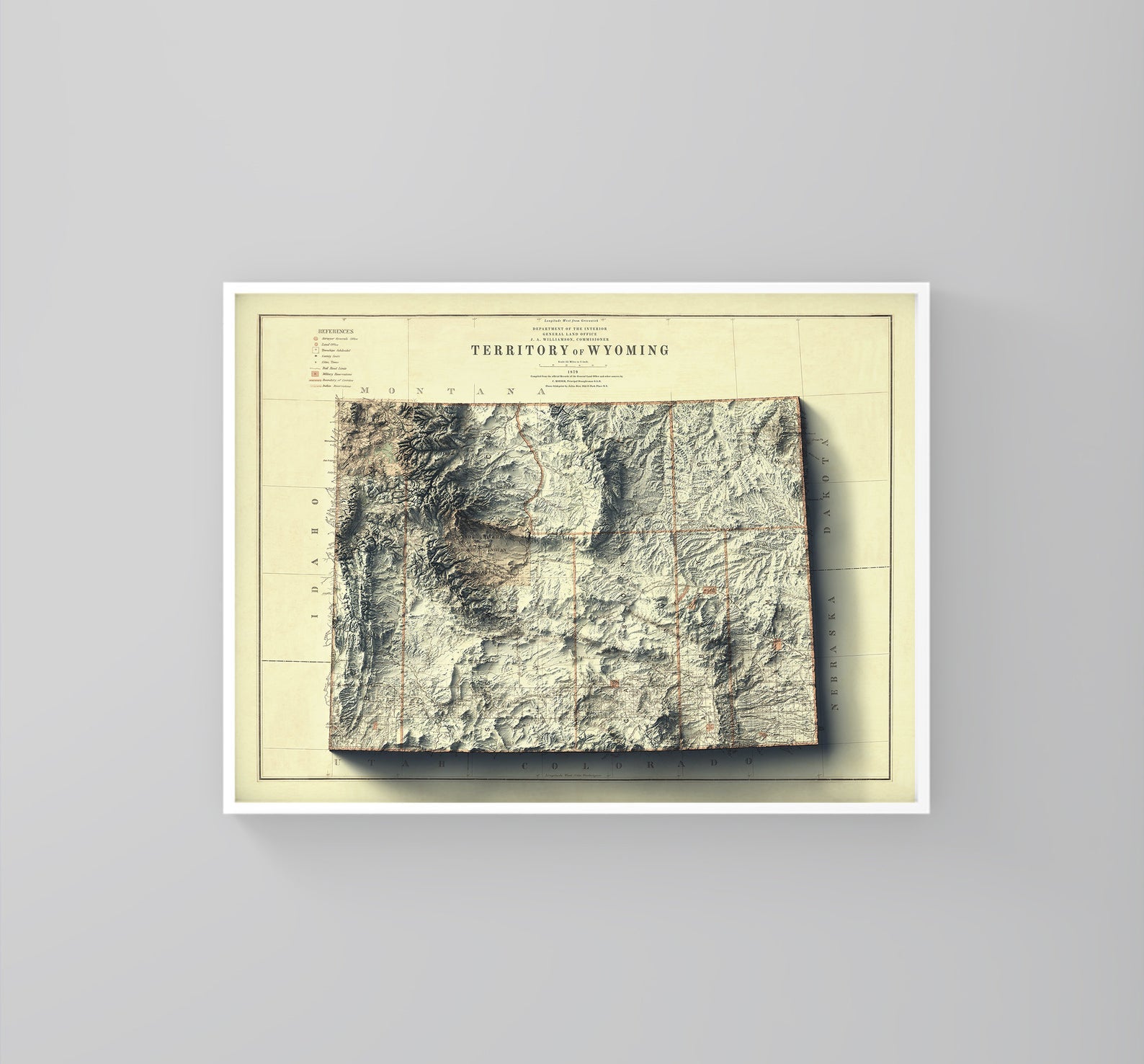 Wyoming (USA) vintage framed shaded relief map in white frame. Artistic print highlighting mountains with a realistic 3d effect
