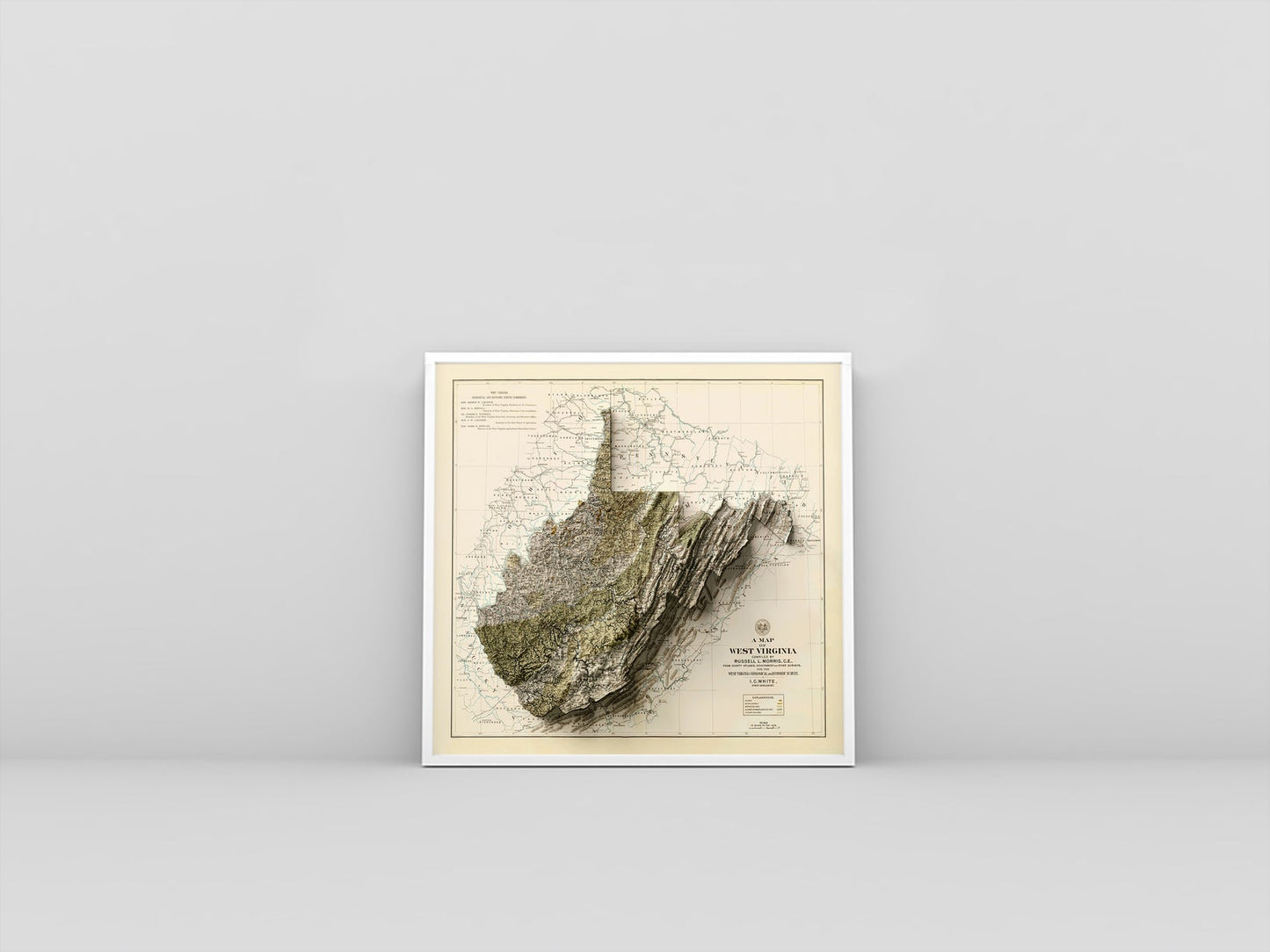 West Virginia (USA) vintage framed shaded relief map in white frame. Artistic print highlighting mountains with a realistic 3d effect
