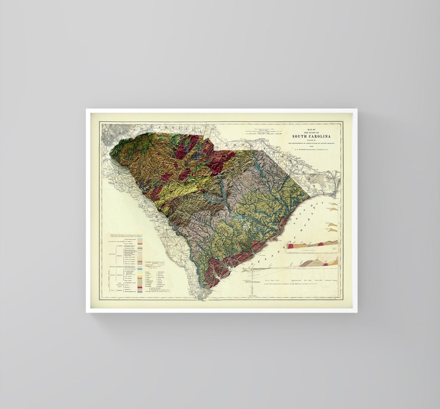South Carolina (USA) vintage framed shaded relief map in white frame. Artistic print highlighting mountains with a realistic 3d effect
