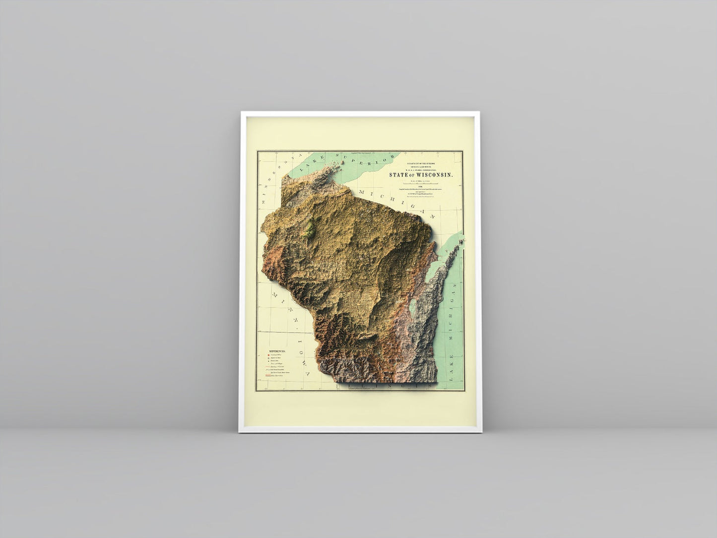 Wisconsin (USA) vintage framed shaded relief map in white frame. Artistic print highlighting mountains with a realistic 3d effect