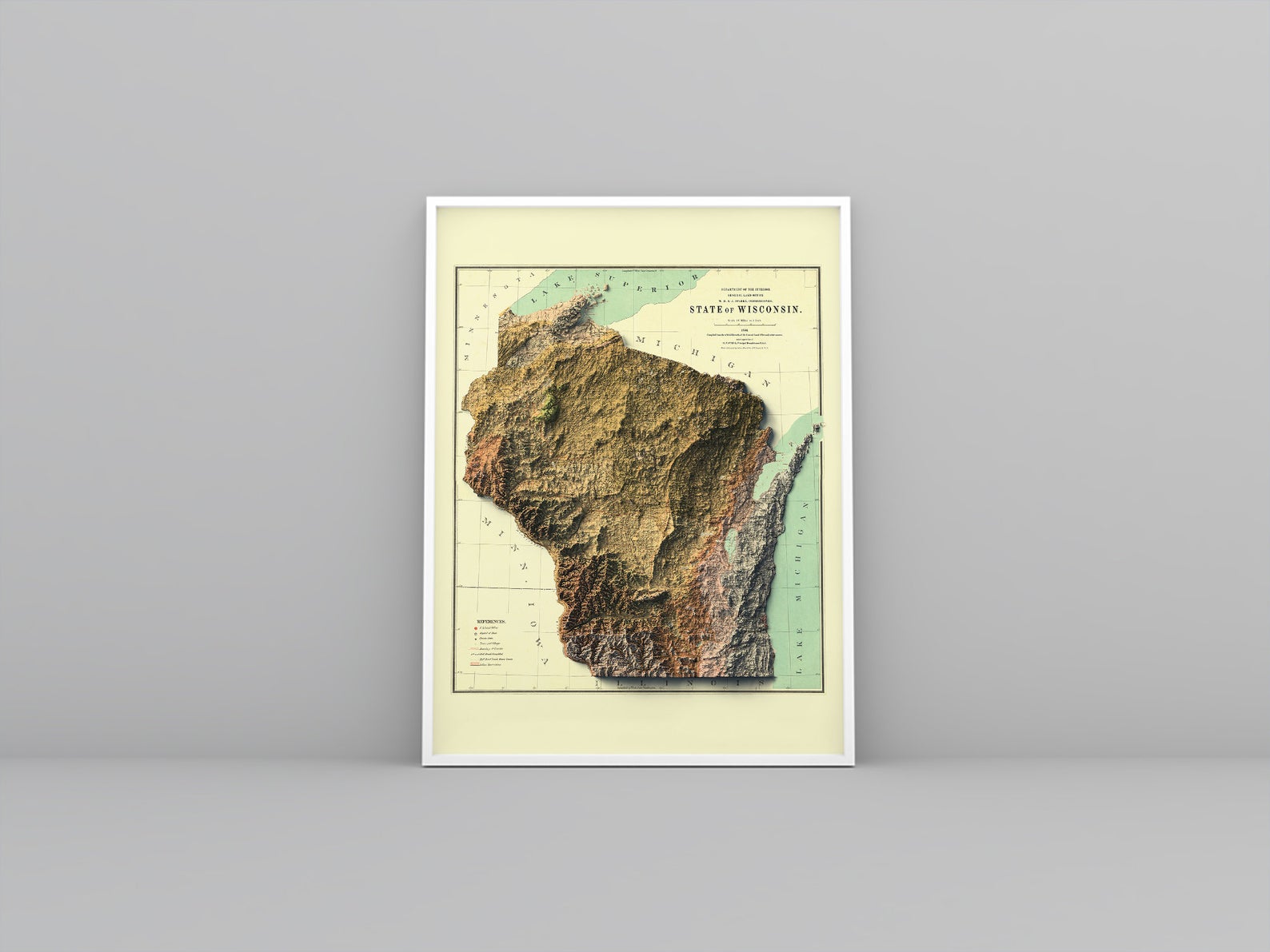 Wisconsin (USA) vintage framed shaded relief map in white frame. Artistic print highlighting mountains with a realistic 3d effect