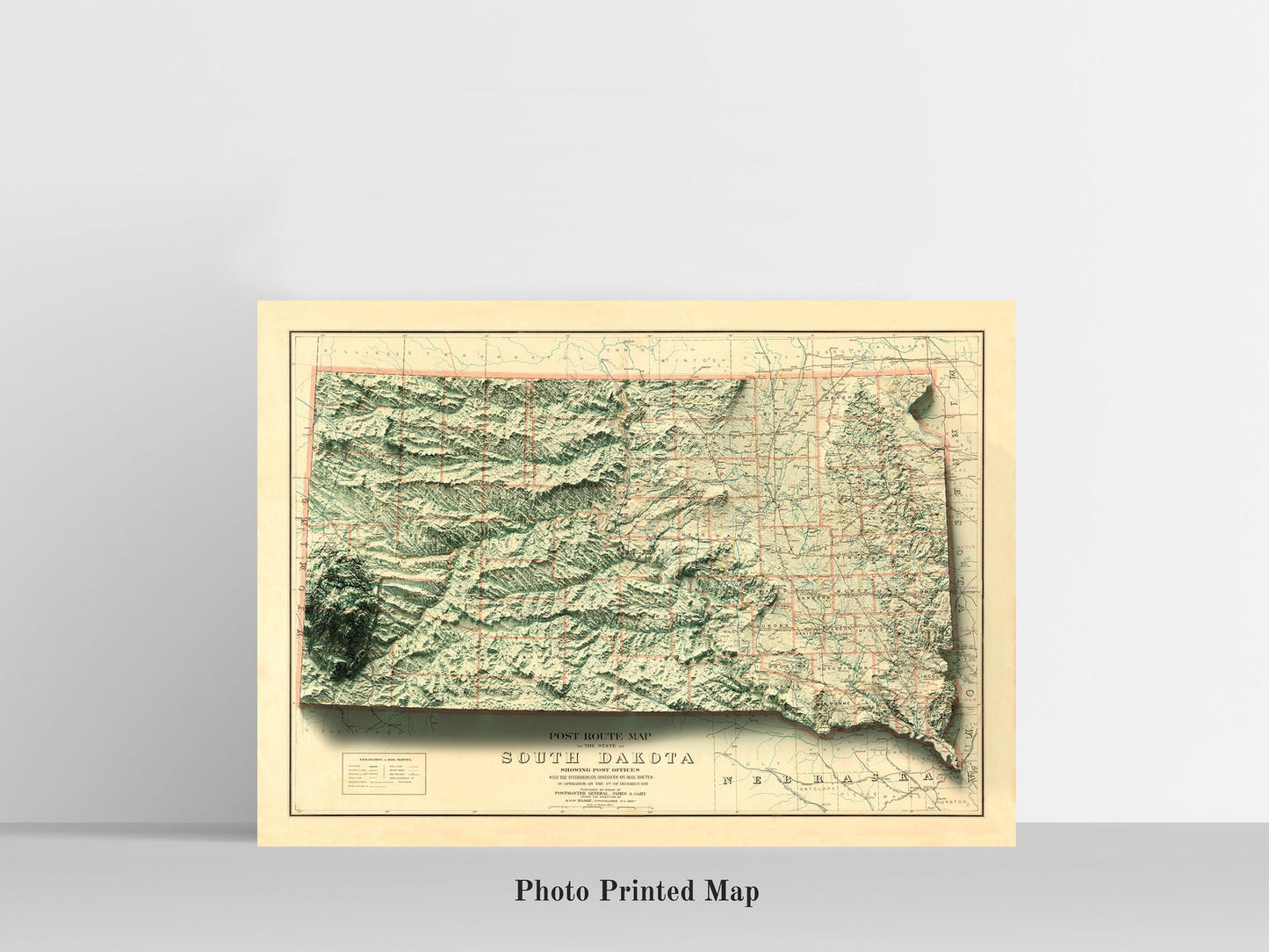 South Dakota (USA) Shaded relief map print, highlighting topography. Ideal for home decor and geography lovers
