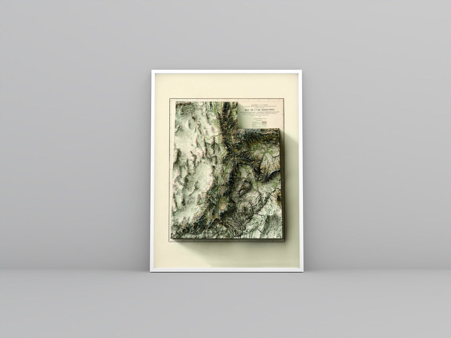 Utah (USA) vintage framed shaded relief map in white frame. Artistic print highlighting mountains with a realistic 3d effect