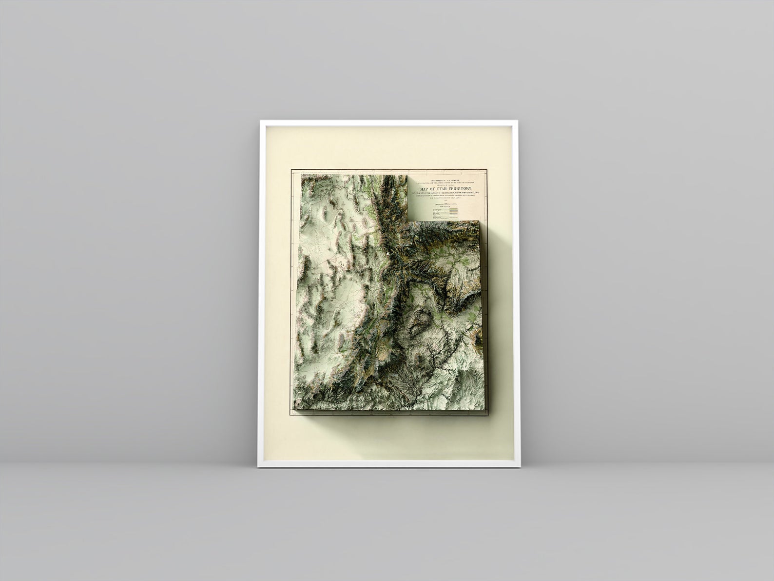 Utah (USA) vintage framed shaded relief map in white frame. Artistic print highlighting mountains with a realistic 3d effect