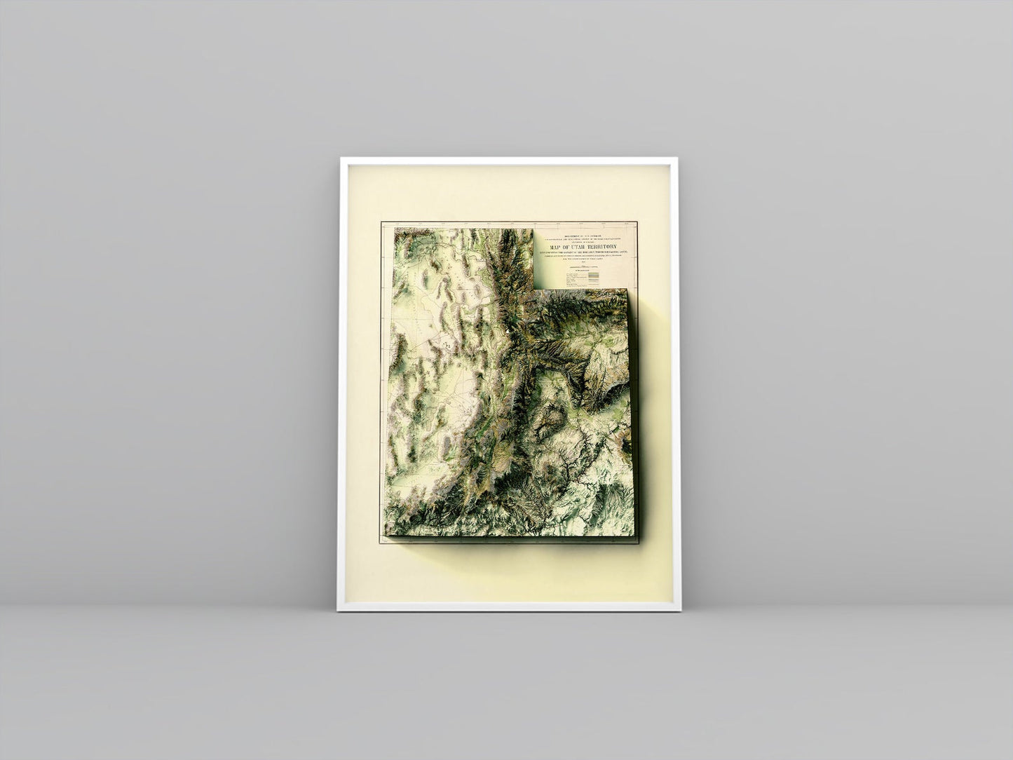 Utah (USA) vintage framed shaded relief map in white frame. Artistic print highlighting mountains with a realistic 3d effect
