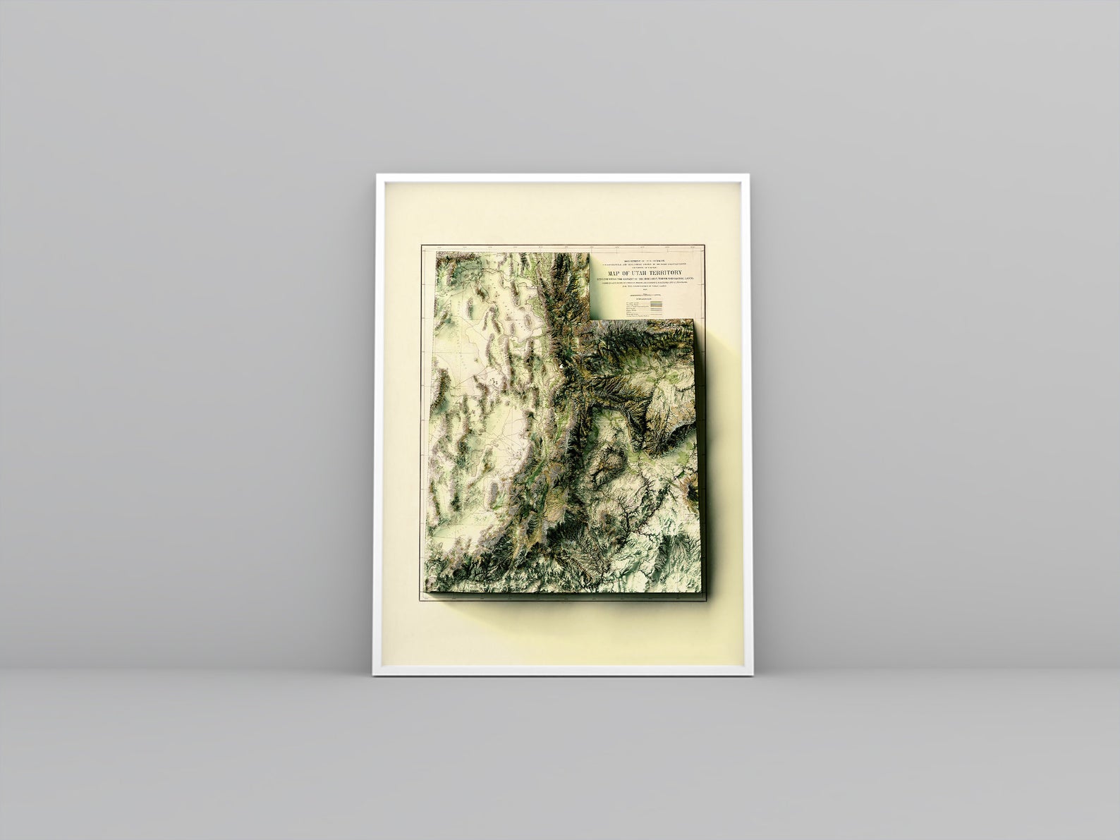 Utah (USA) vintage framed shaded relief map in white frame. Artistic print highlighting mountains with a realistic 3d effect