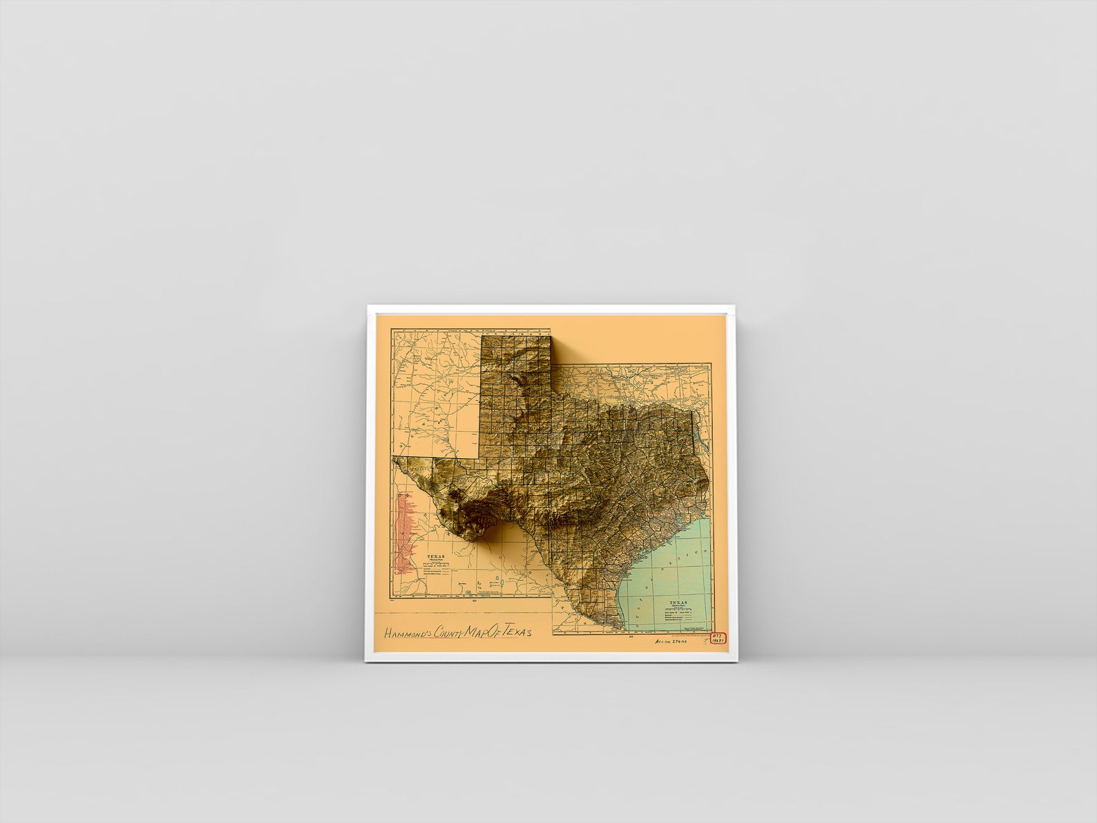 Texas (USA) vintage framed shaded relief map in white frame. Artistic print highlighting mountains with a realistic 3d effect
