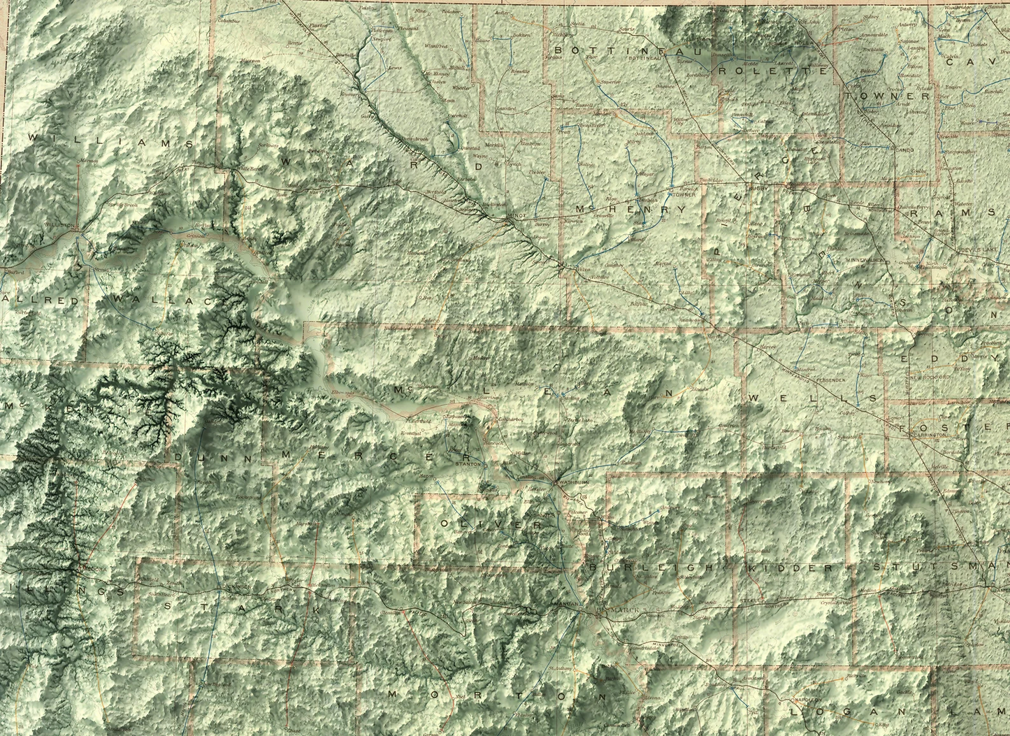 Detailed close-up of a vintage North Dakota (USA) relief map, showcasing textured topography and geographic contours