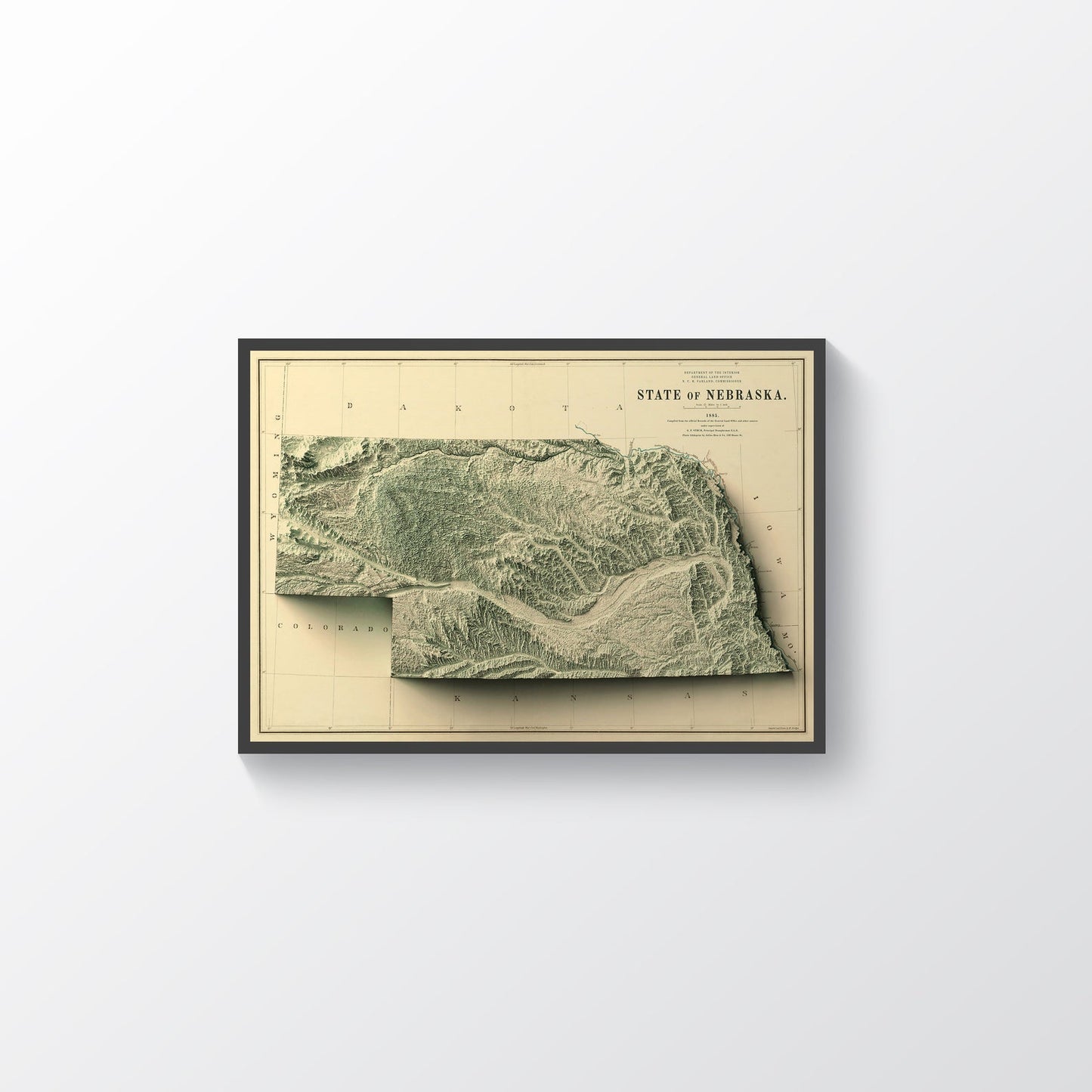 Nebraska (USA) vintage framed shaded relief map in black frame. Artistic print highlighting mountains with a realistic terrain effect