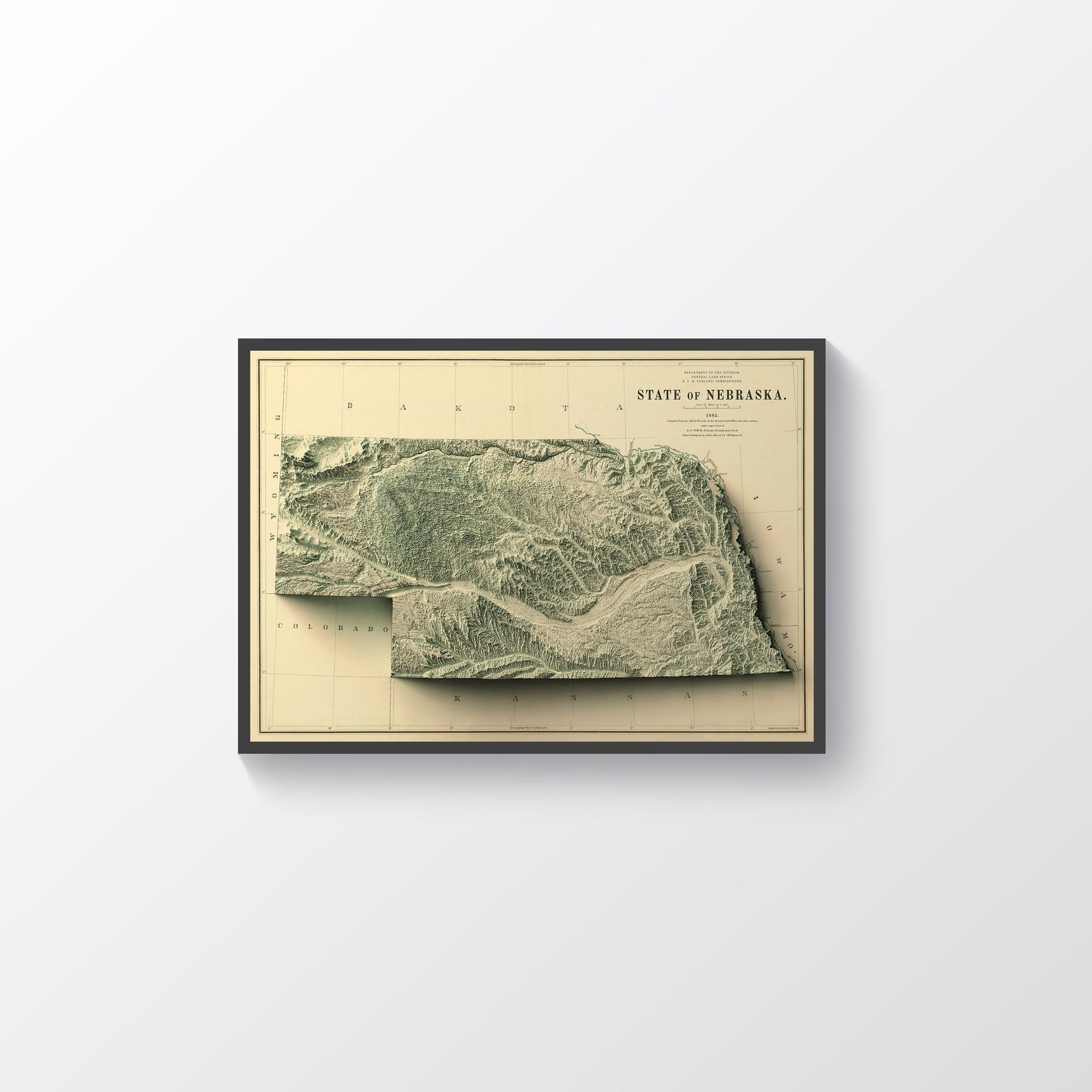 Nebraska (USA) vintage framed shaded relief map in black frame. Artistic print highlighting mountains with a realistic terrain effect