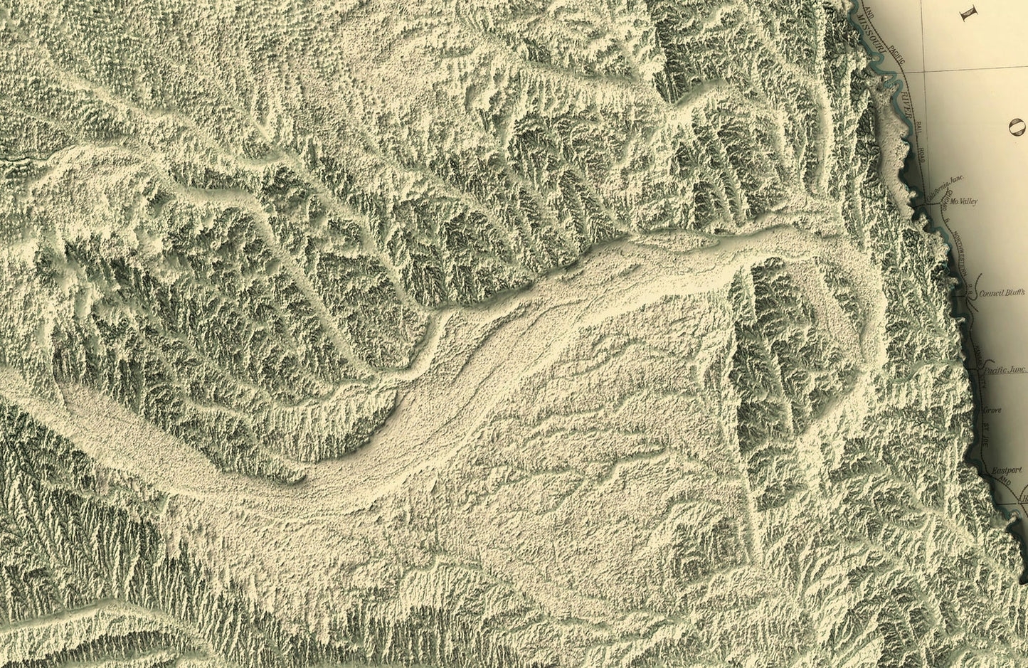Detailed close-up of a vintage Nebraska (USA) relief map, showcasing textured topography and geographic contours