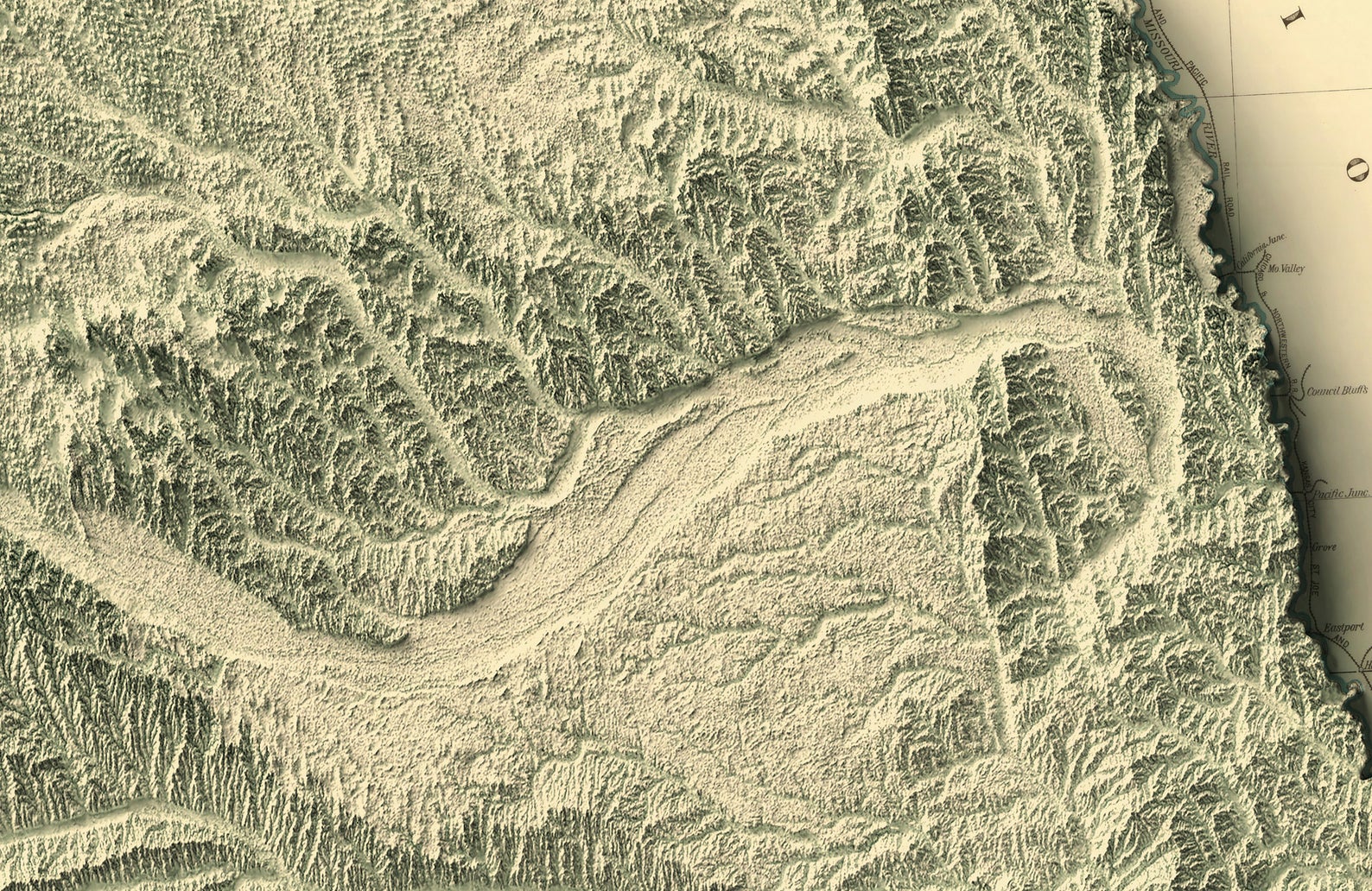 Detailed close-up of a vintage Nebraska (USA) relief map, showcasing textured topography and geographic contours