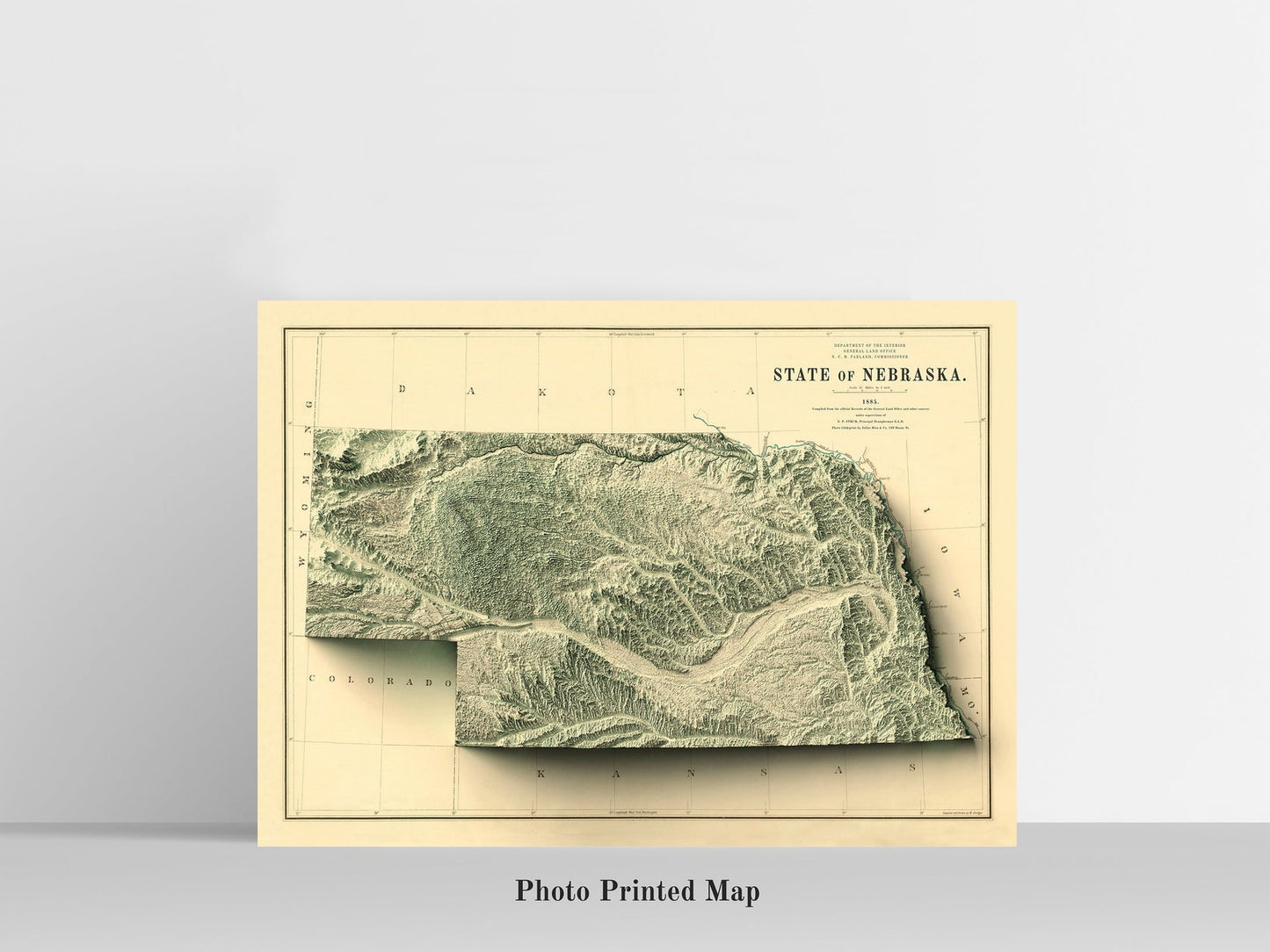 Nebraska (USA) Shaded relief map print, highlighting topography. Ideal for home decor and geography lovers