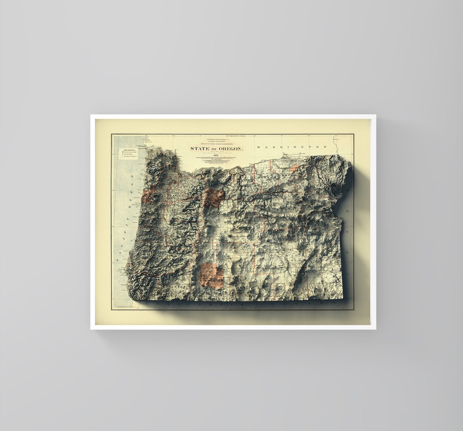 Oregon (USA) vintage framed shaded relief map in white frame. Artistic print highlighting mountains with a realistic 3d effect