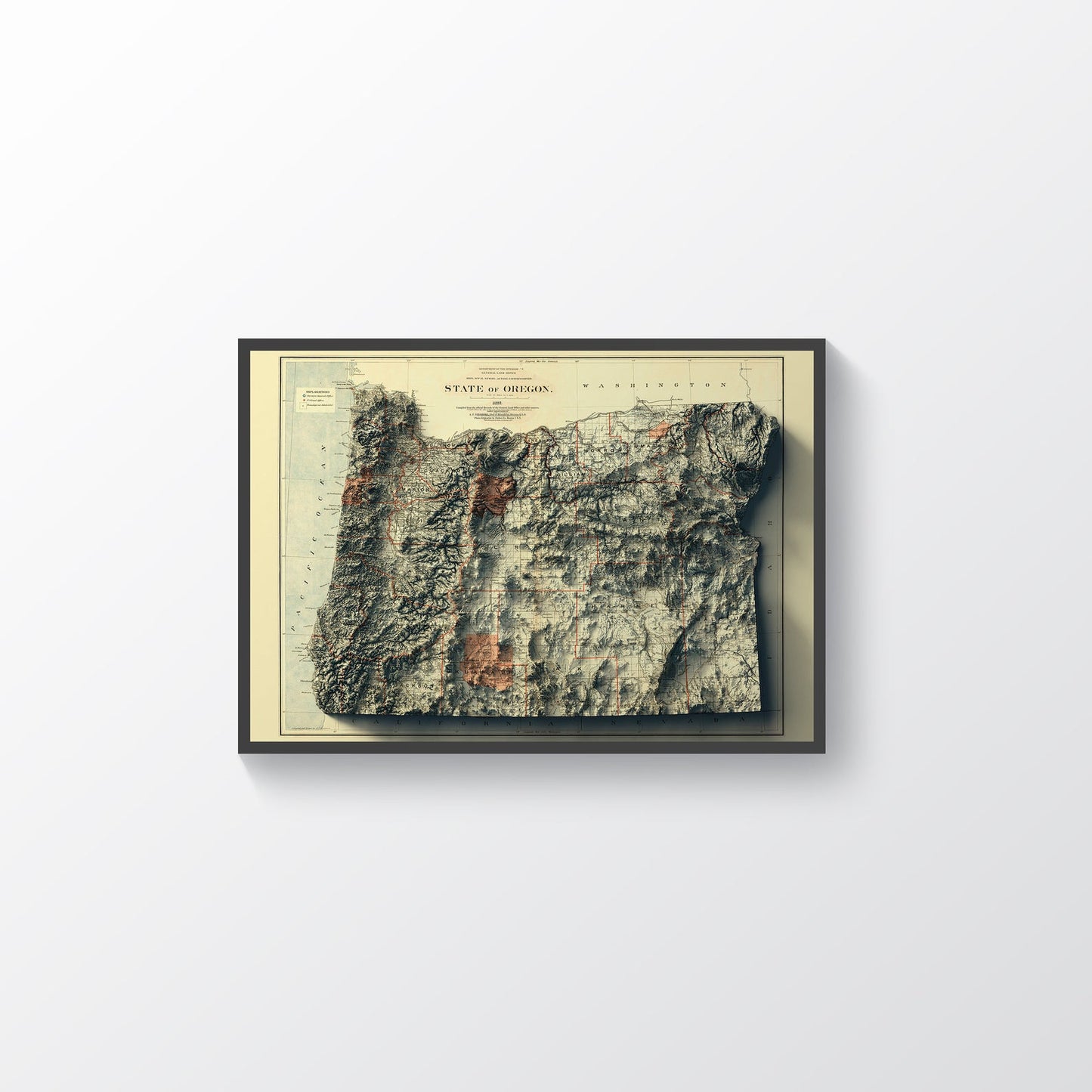 Oregon (USA) vintage framed shaded relief map in black frame. Artistic print highlighting mountains with a realistic terrain effect