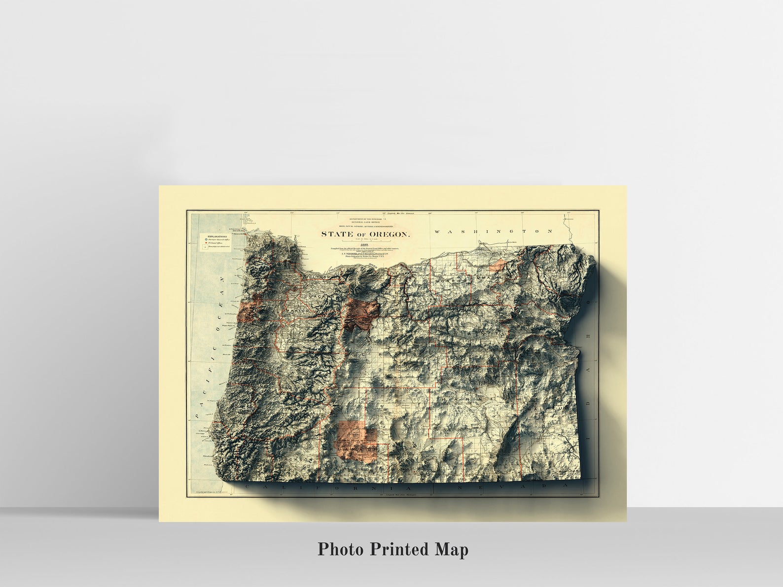 Oregon (USA) Shaded relief map print, highlighting topography. Ideal for home decor and geography lovers