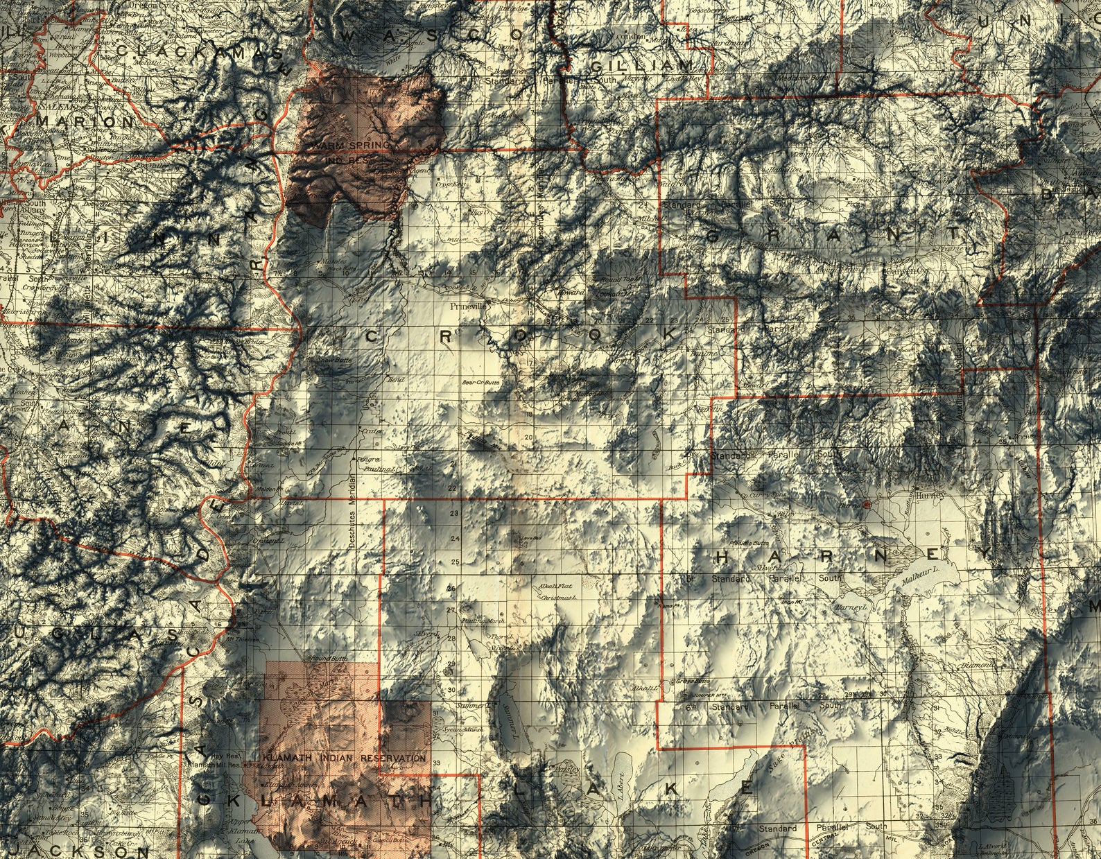 Detailed close-up of a vintage Oregon (USA) relief map, showcasing textured topography and geographic contours