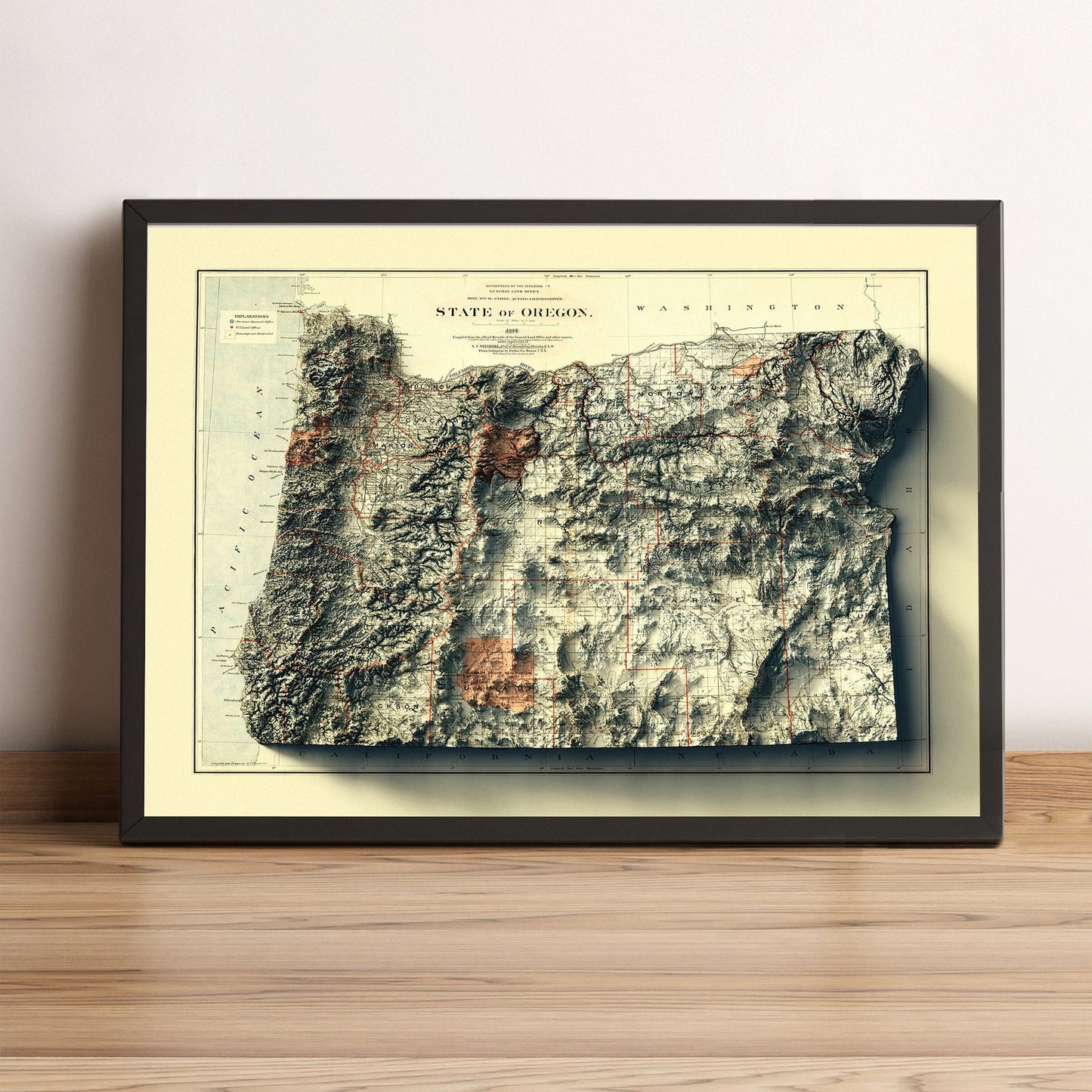 Oregon (USA) vintage framed shaded relief map in black frame. Artistic print highlighting mountains with a realistic terrain effect