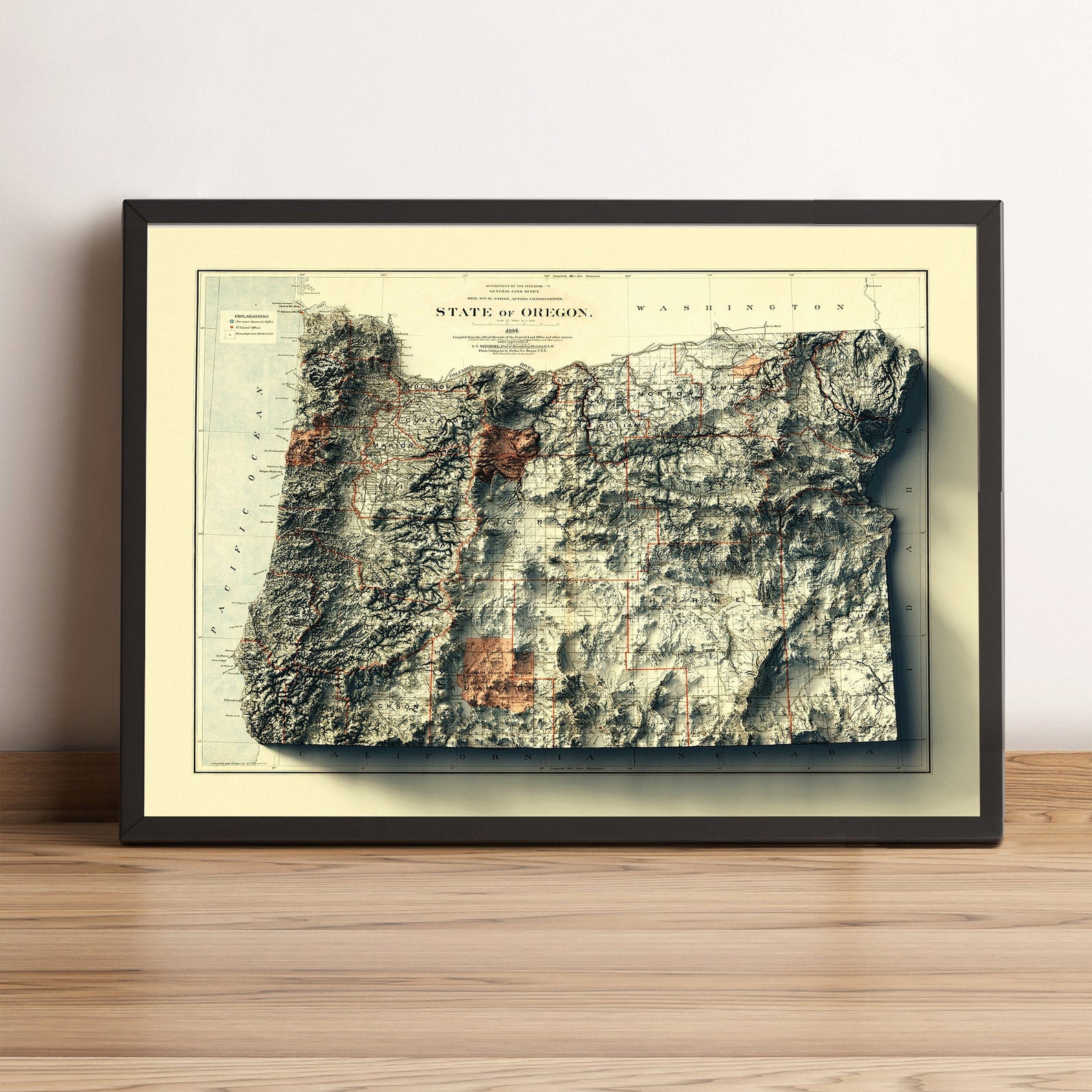 Oregon (USA) vintage framed shaded relief map in black frame. Artistic print highlighting mountains with a realistic terrain effect