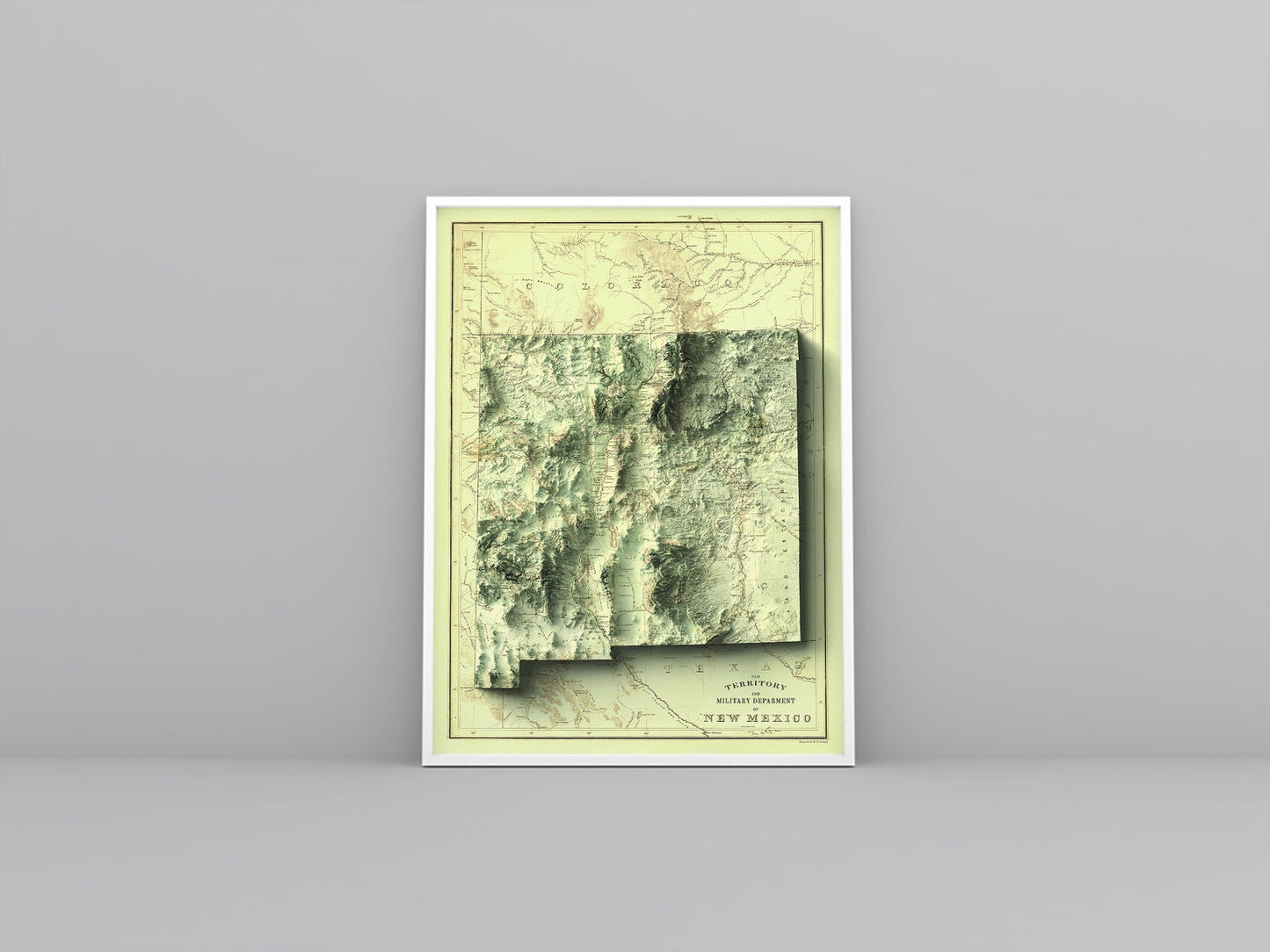 New Mexico (USA) vintage framed shaded relief map in white frame. Artistic print highlighting mountains with a realistic 3d effect