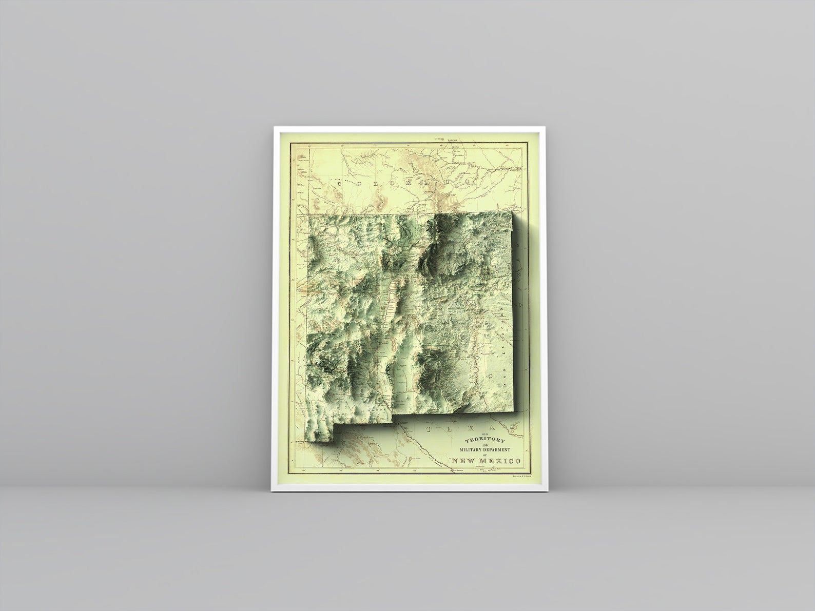 New Mexico (USA) vintage framed shaded relief map in white frame. Artistic print highlighting mountains with a realistic 3d effect