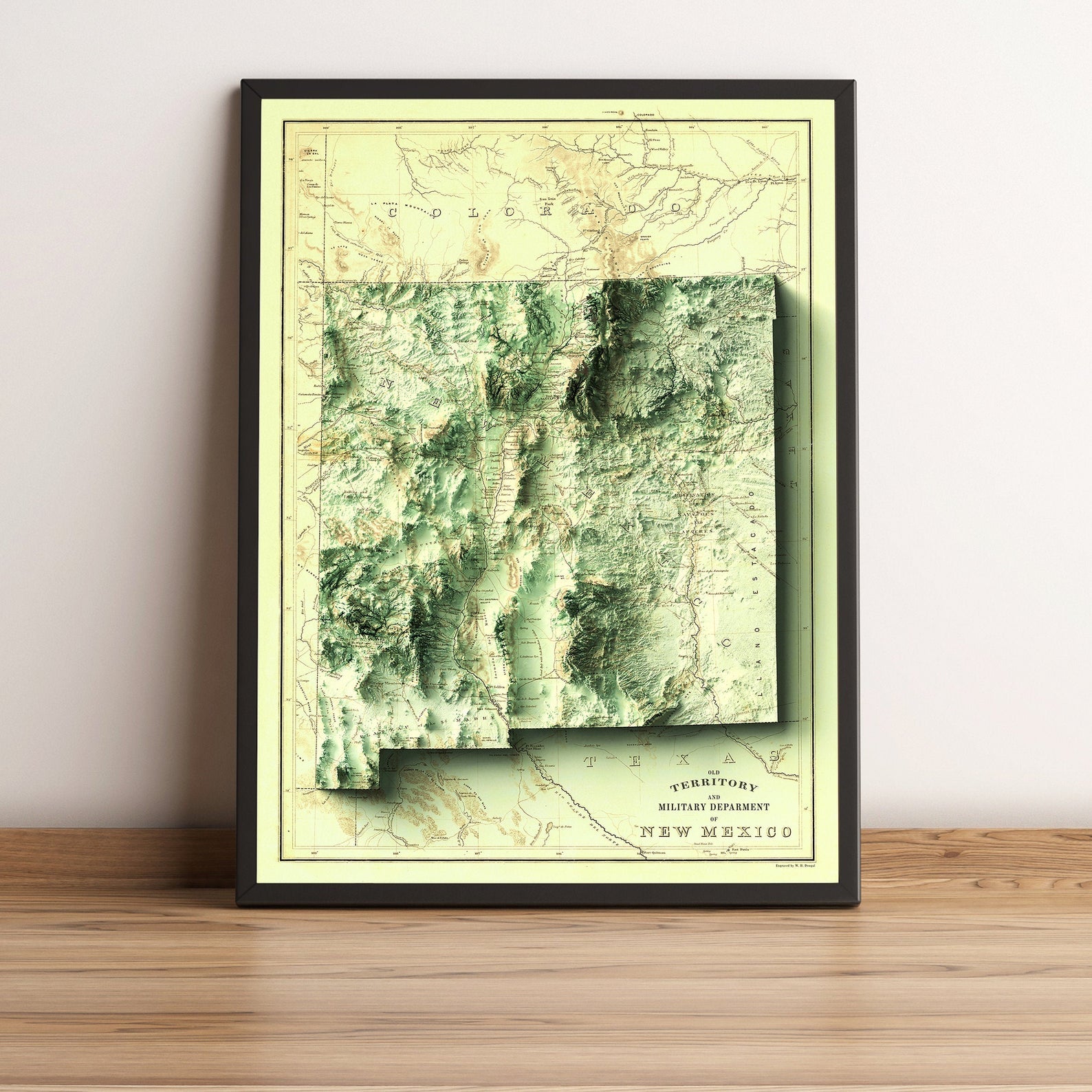 New Mexico (USA) vintage framed shaded relief map in black frame. Artistic print highlighting mountains with a realistic terrain effect