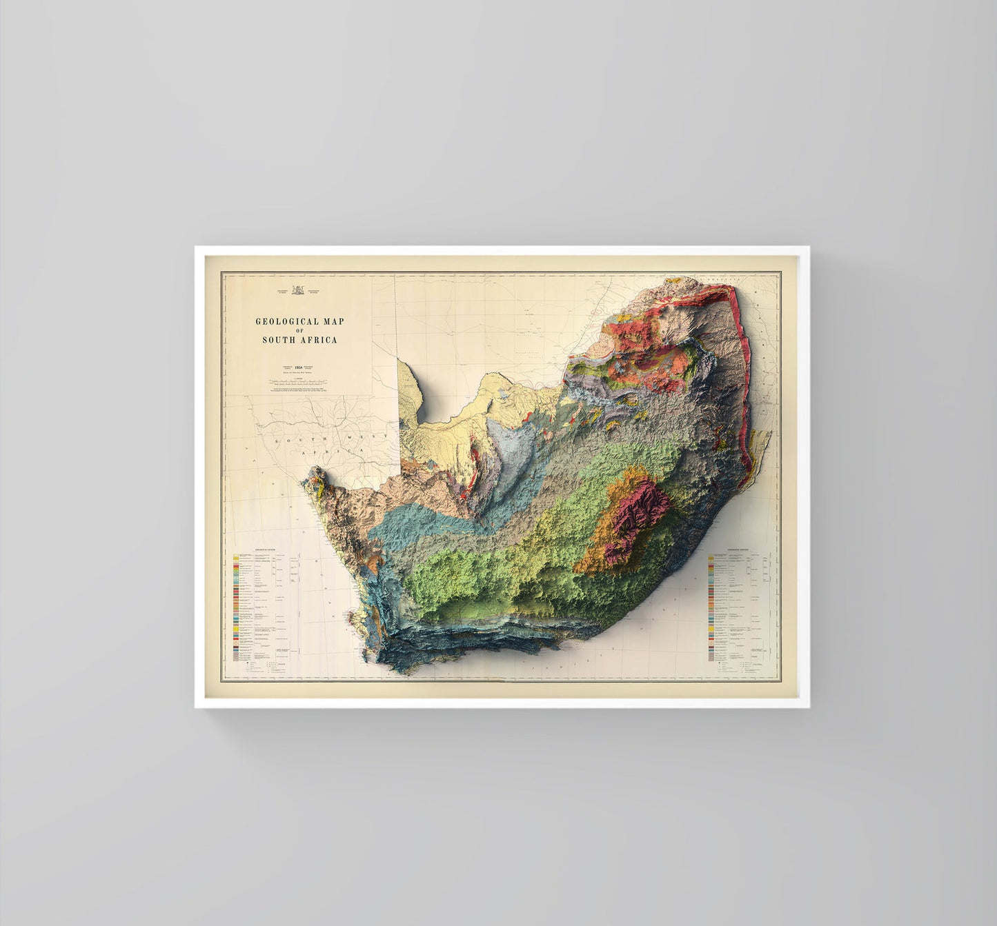 South Africa vintage framed shaded relief map in white frame. Artistic print highlighting mountains with a realistic 3d effect