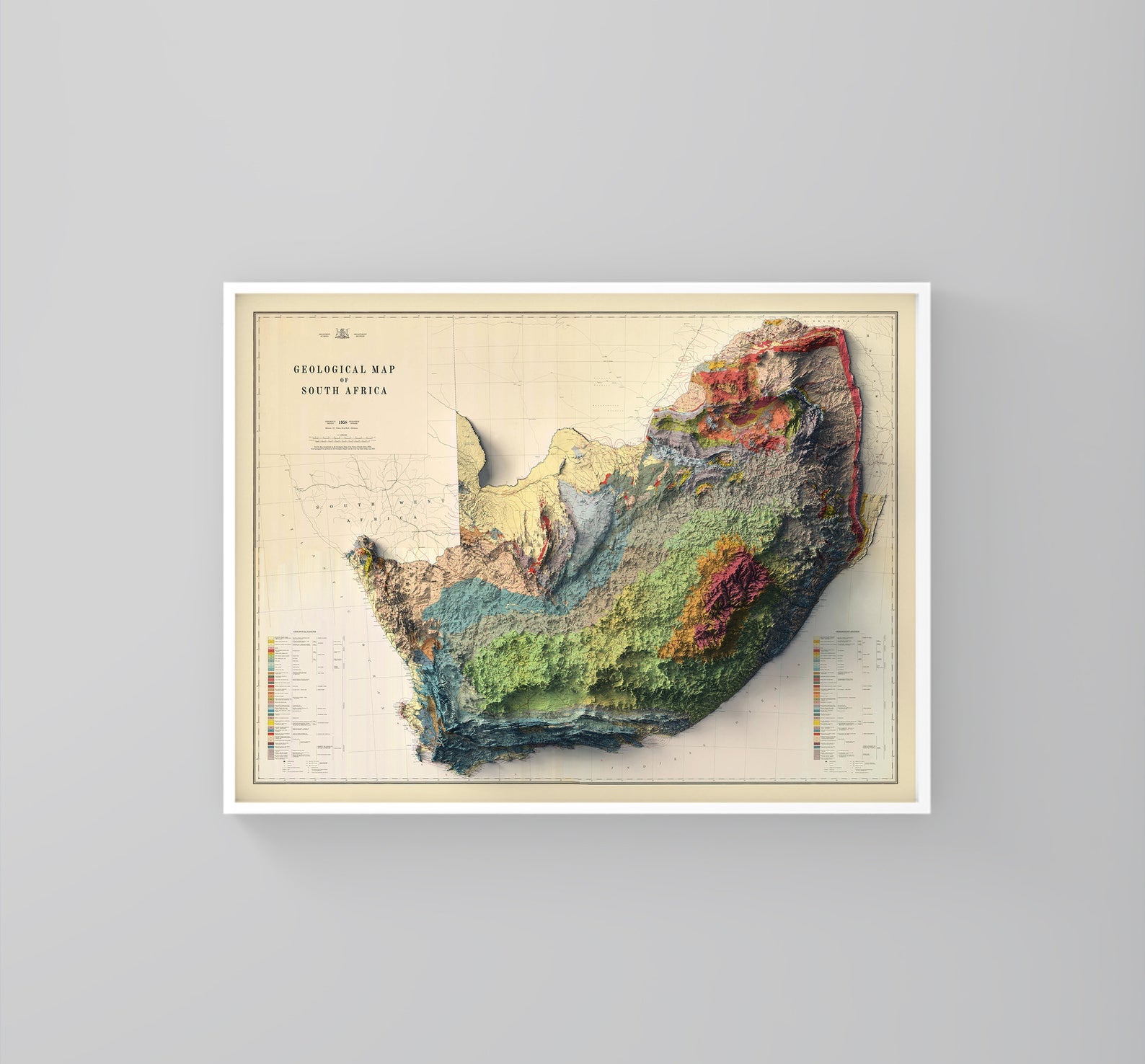 South Africa vintage framed shaded relief map in white frame. Artistic print highlighting mountains with a realistic 3d effect