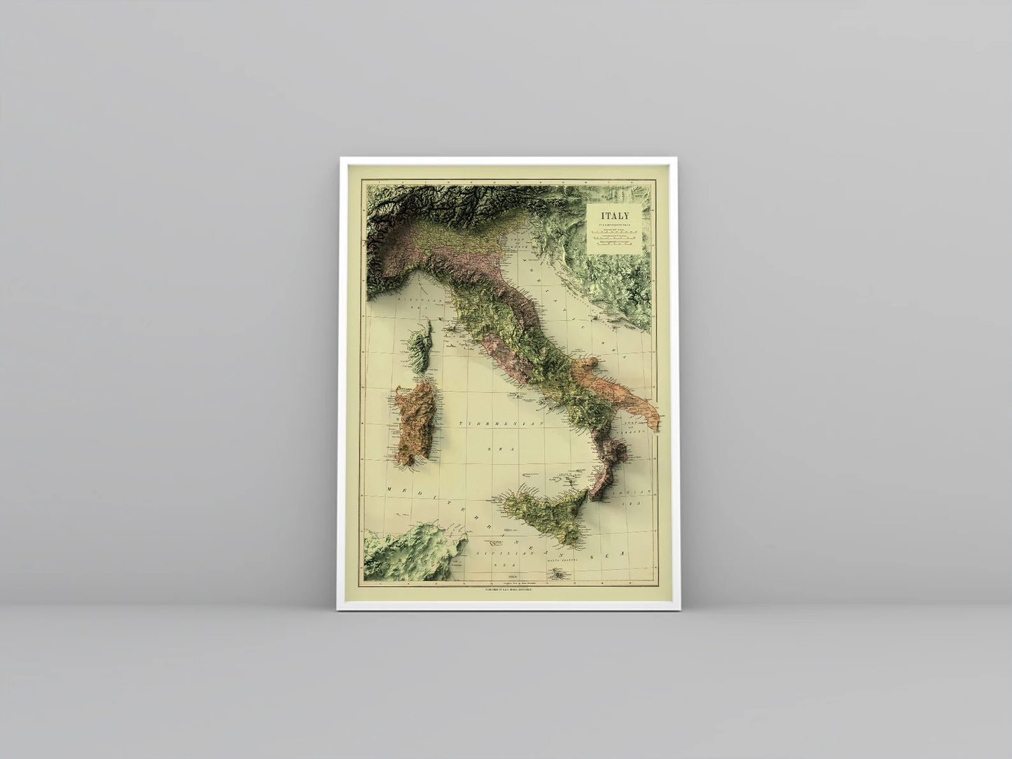 Italy vintage framed shaded relief map in white frame. Artistic print highlighting mountains with a realistic 3d effect