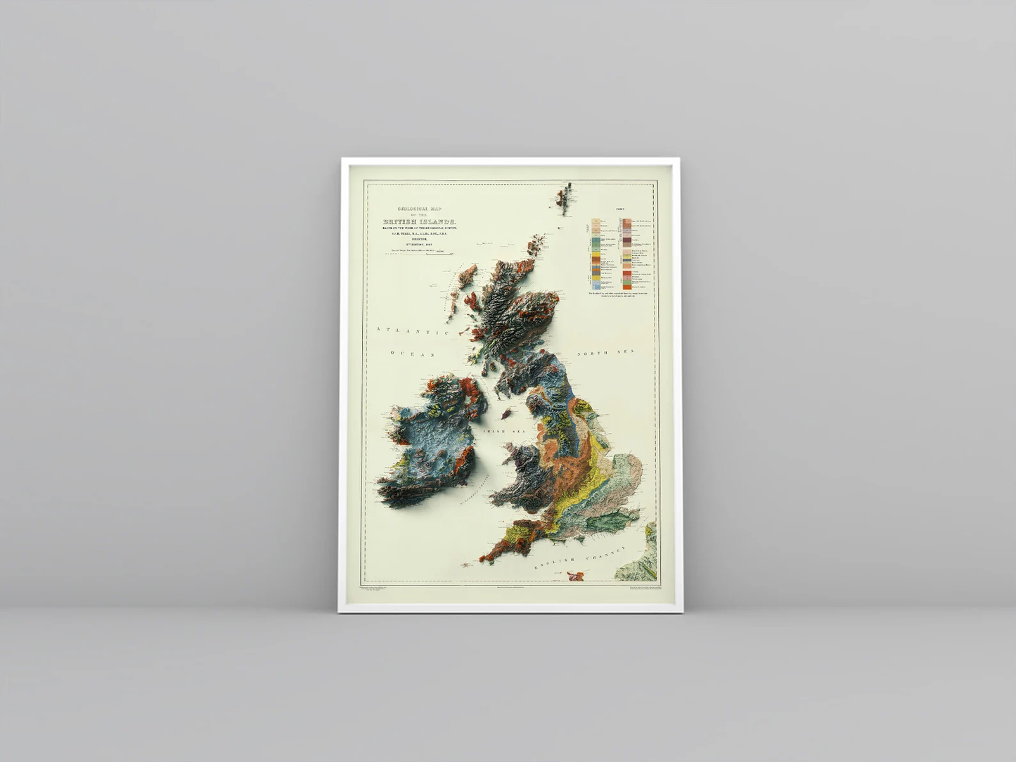 England, Wales, Ireland and Scotland framed shaded relief map in white frame. Artistic print highlighting mountains with a 3d effect