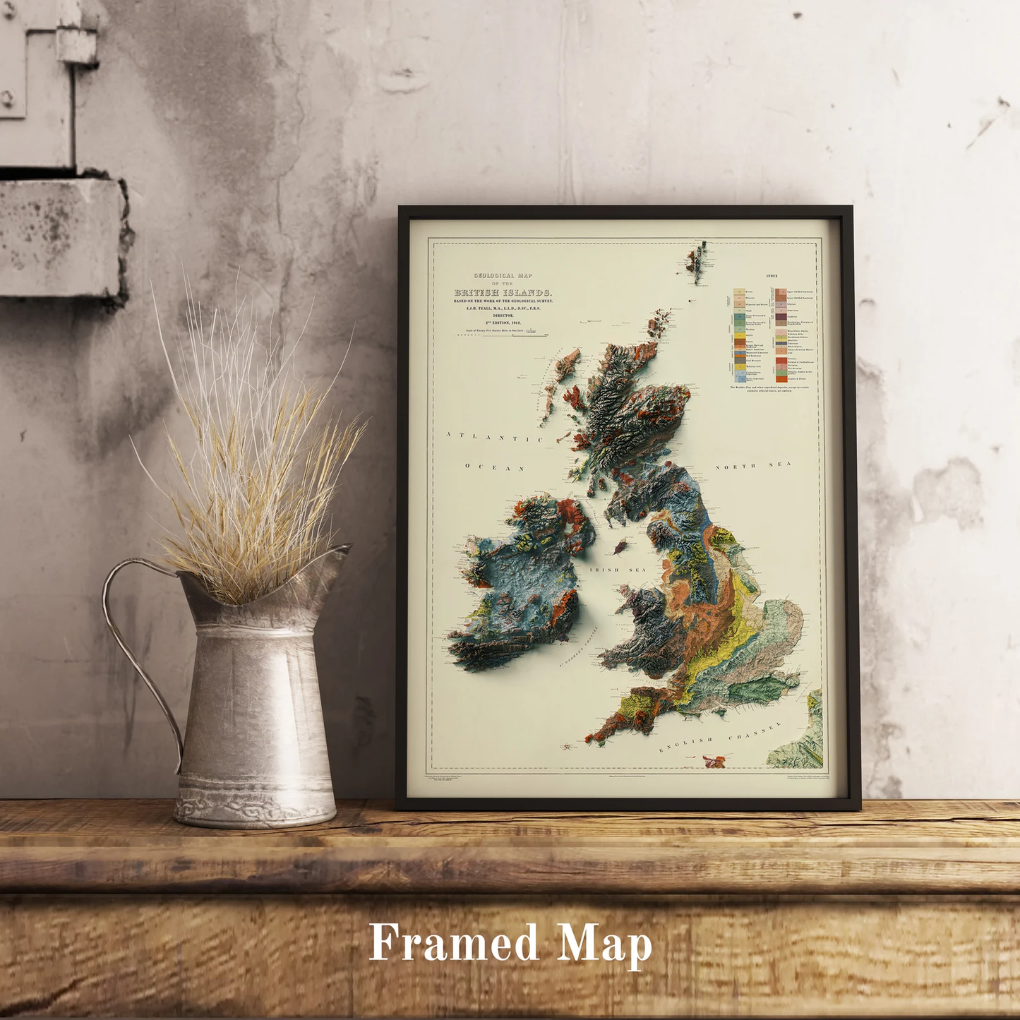 England, Wales, Ireland and Wales shaded relief map in black frame. Realistic terrain art print for home decor, displayed on rustic wooden table