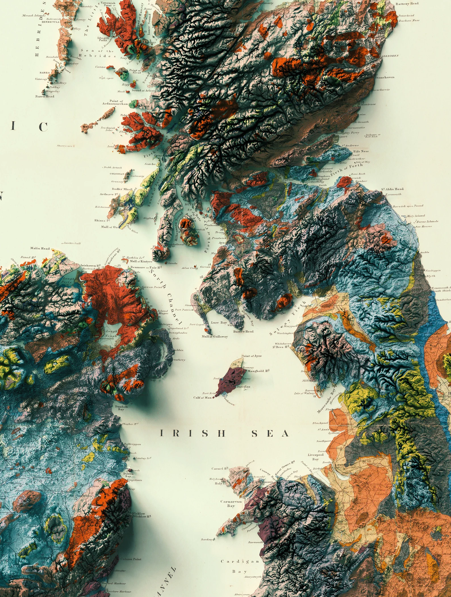 Detailed close-up of a British and Irish relief map, showcasing textured topography and geographic contours