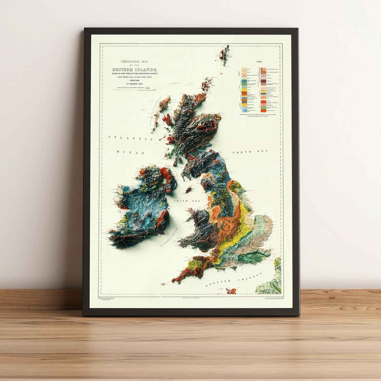 British, Wales, Scotland Ireland framed shaded relief map in black frame. Artistic print highlighting mountains with a realistic effect