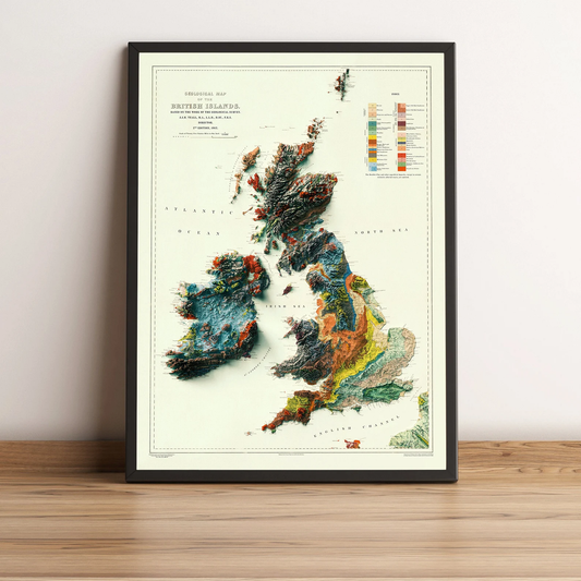 British, Wales, Scotland Ireland framed shaded relief map in black frame. Artistic print highlighting mountains with a realistic effect