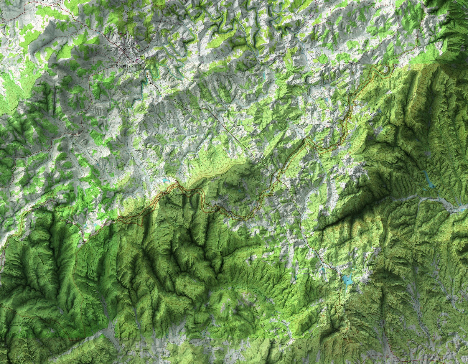 Detailed close-up of a vintage Alleghany CO (North Carolina) relief map, showcasing textured topography and geographic contours