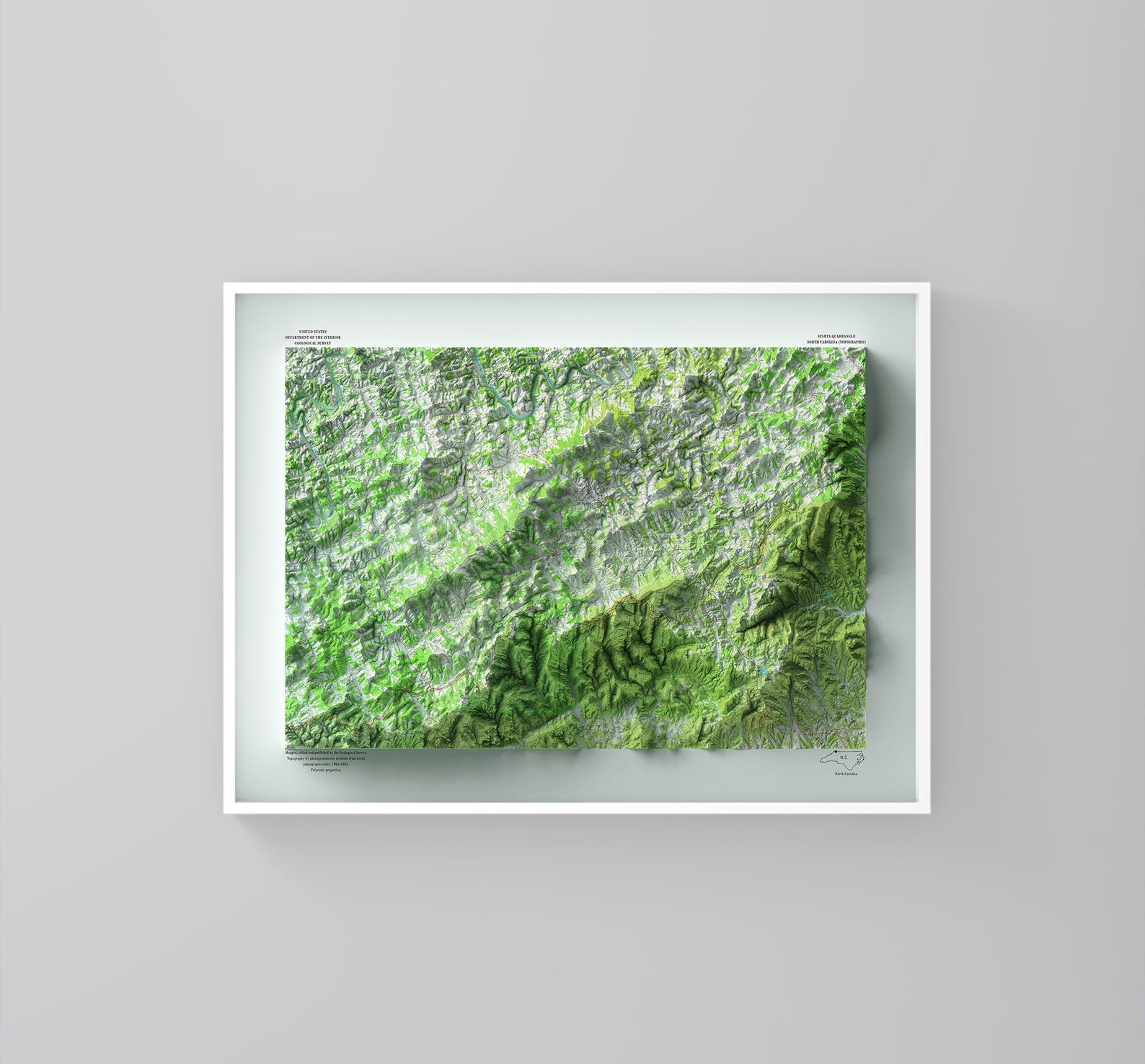 Alleghany County (North Carolina) vintage framed shaded relief map in white frame. Artistic print highlighting mountains with a realistic 3d effect