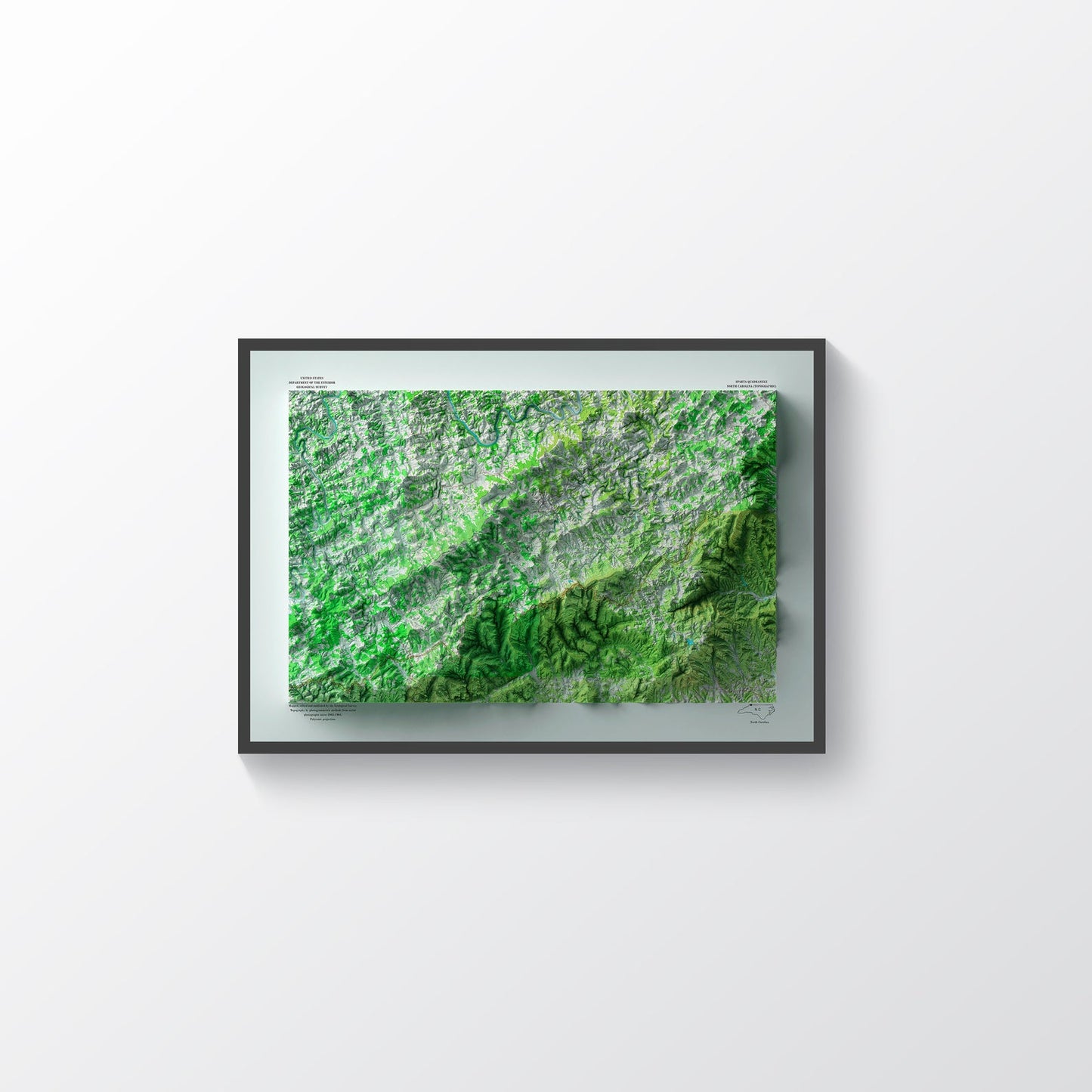 Alleghany County (North Carolina) vintage framed shaded relief map in black frame. Artistic print highlighting mountains with a realistic terrain effect
